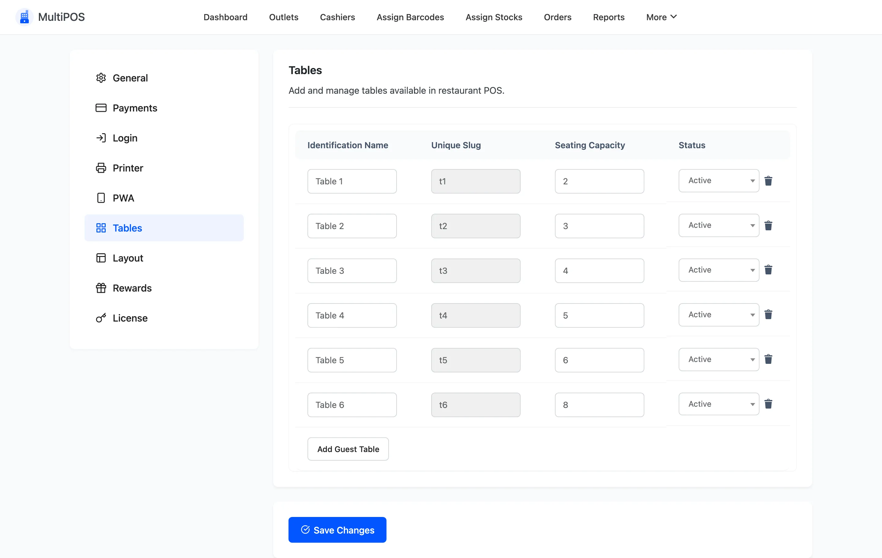 The Tables configuration tab with a row per dining table