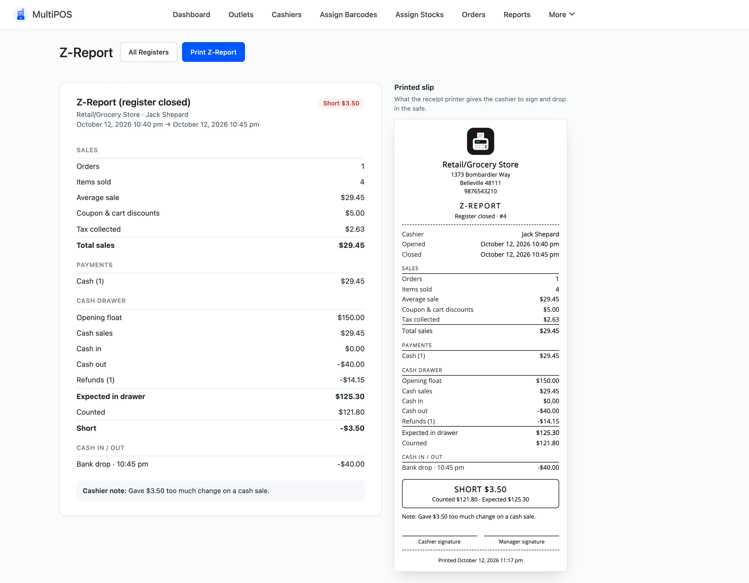 The Z-report view with the report sections on the left and the printed slip with signature lines on the right