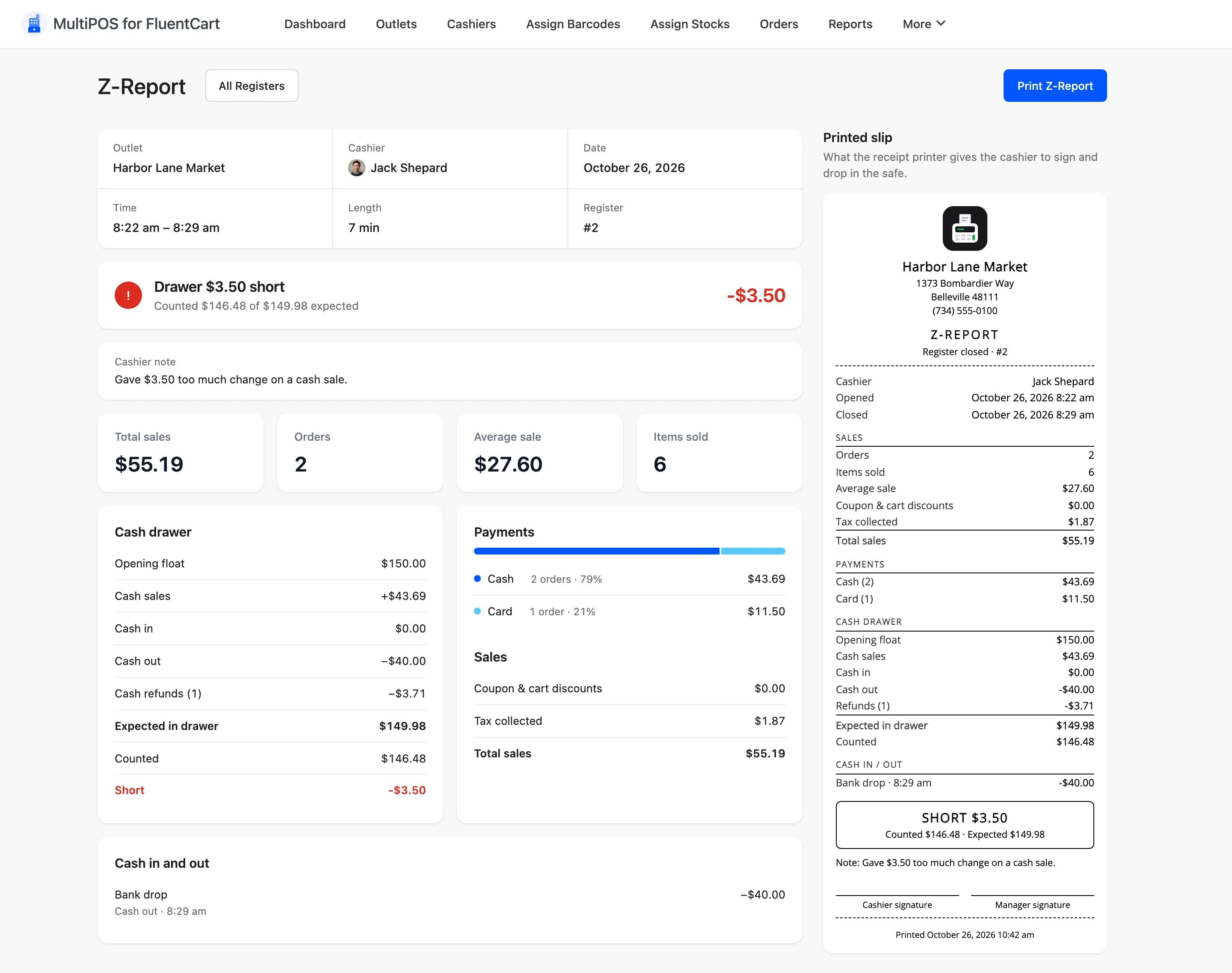 The Z-report page with the shift details, the drawer result, the shift totals, the cash drawer, payments, cash moves and the printed slip