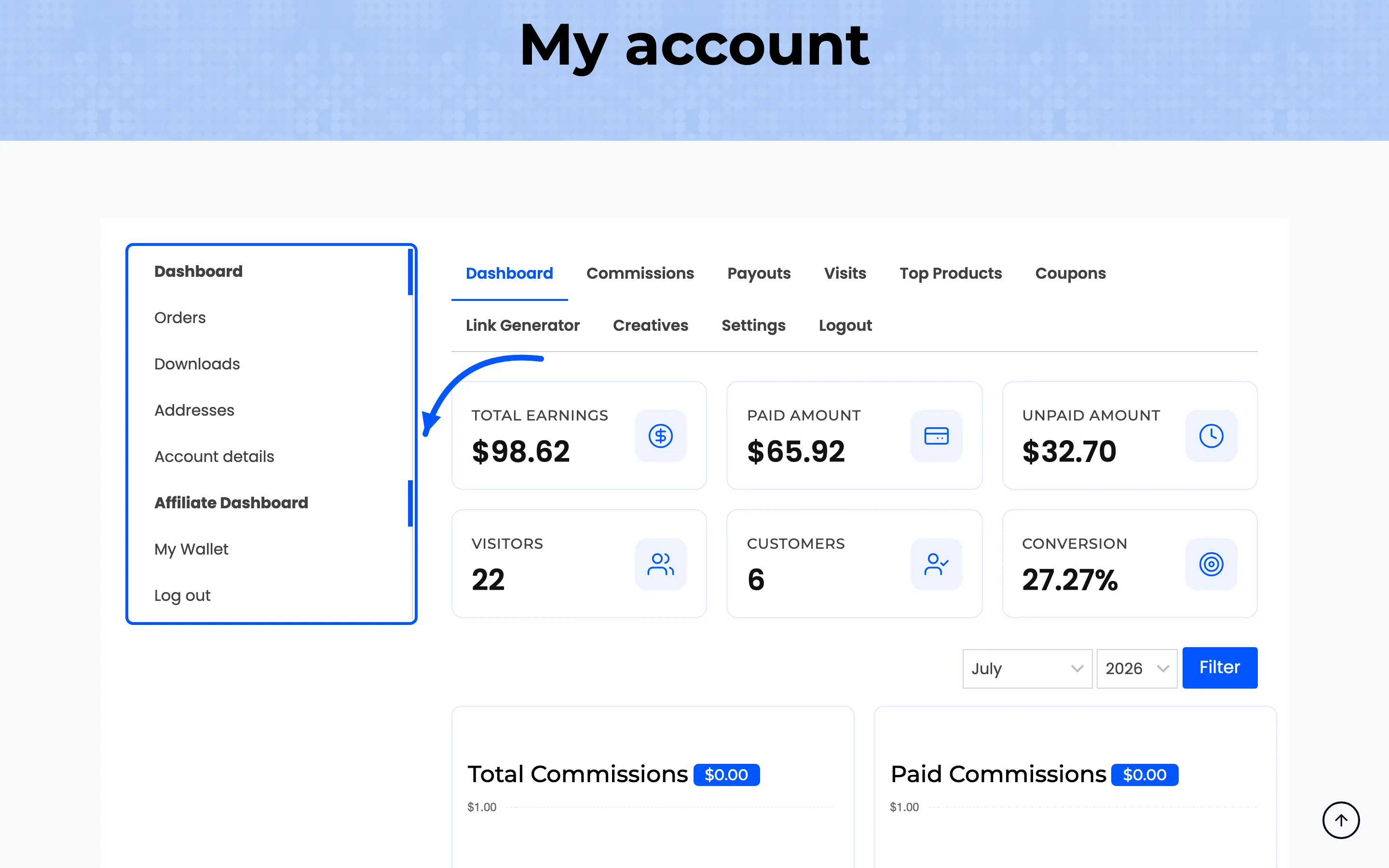 The My Account menu with the affiliate dashboard item highlighted
