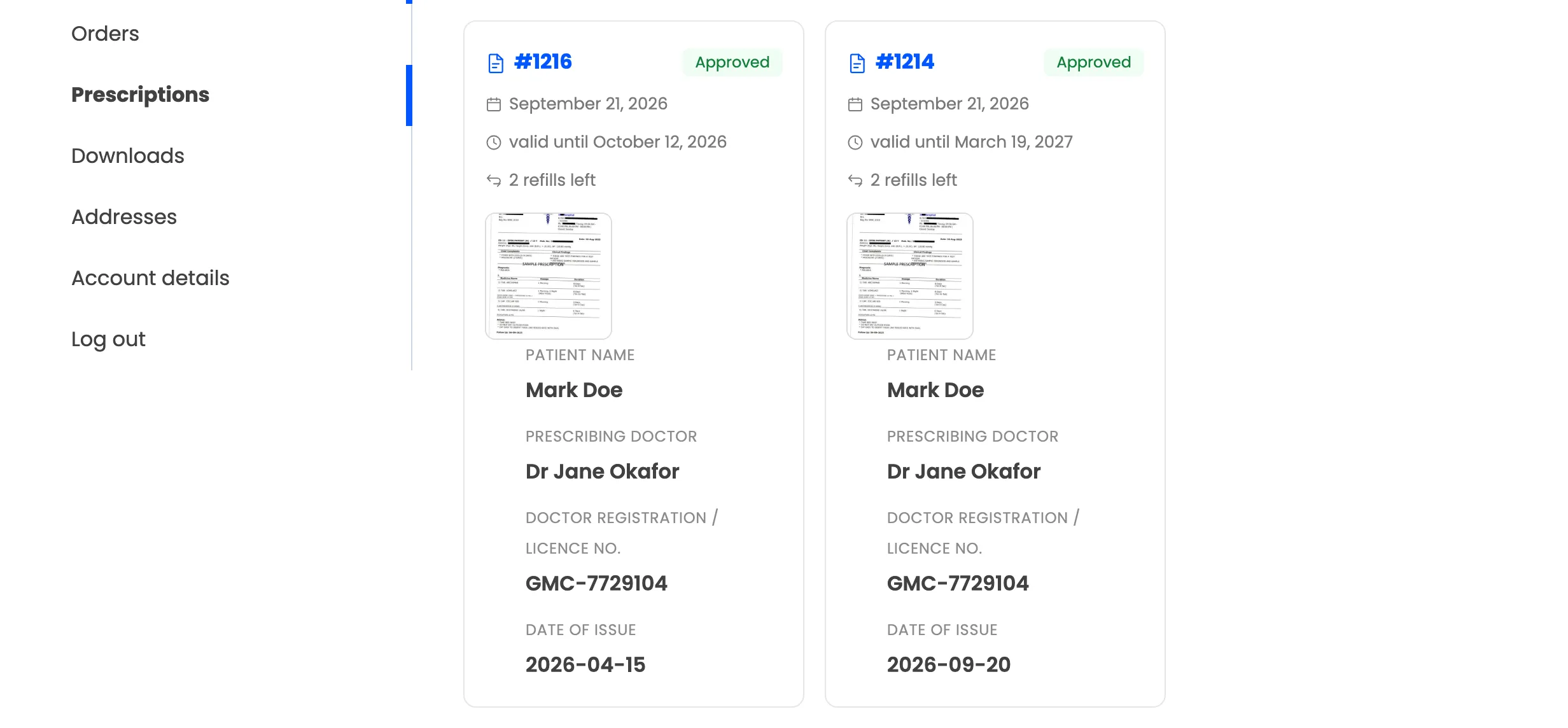 An approved prescription card with its validity date and refills left