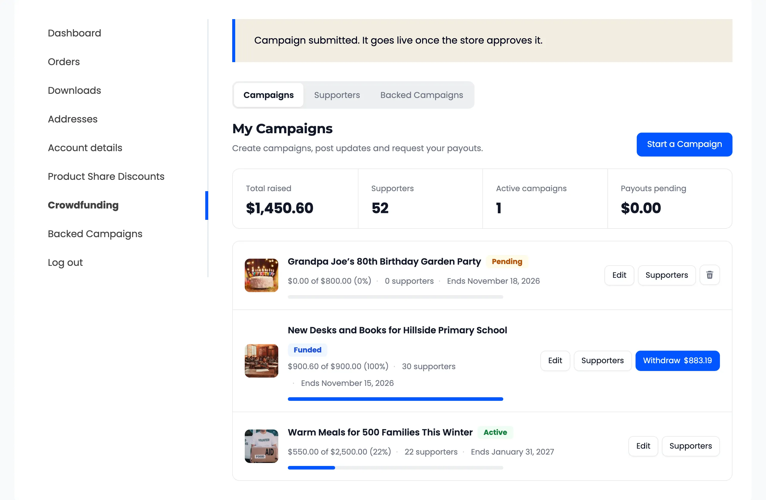 The customer’s campaigns after submitting