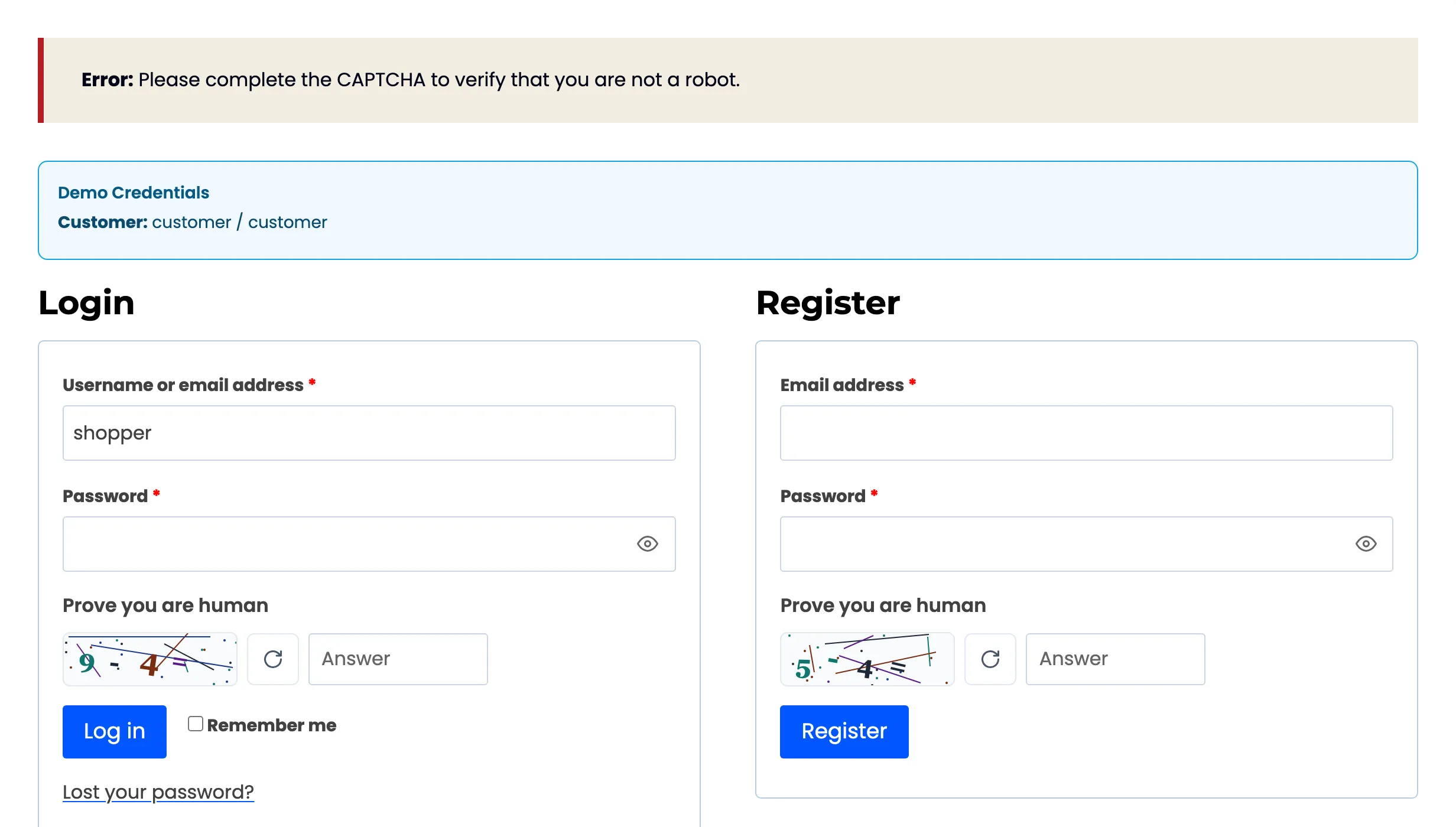 The My Account login with the CAPTCHA error notice