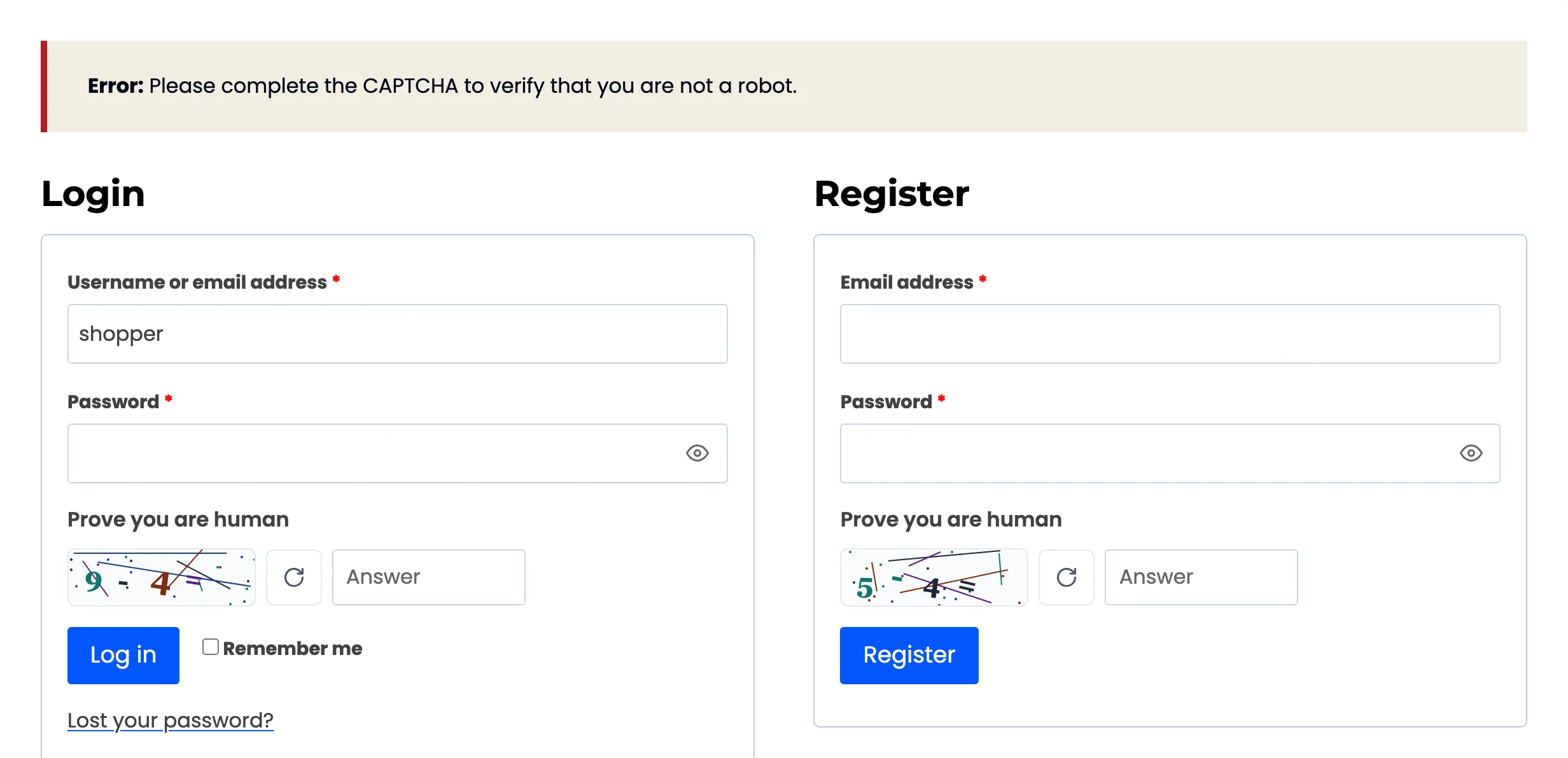 The My Account login with the CAPTCHA error notice