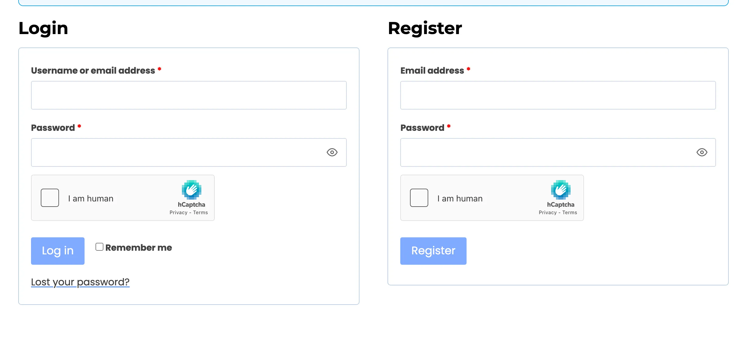 hCaptcha on the My Account forms