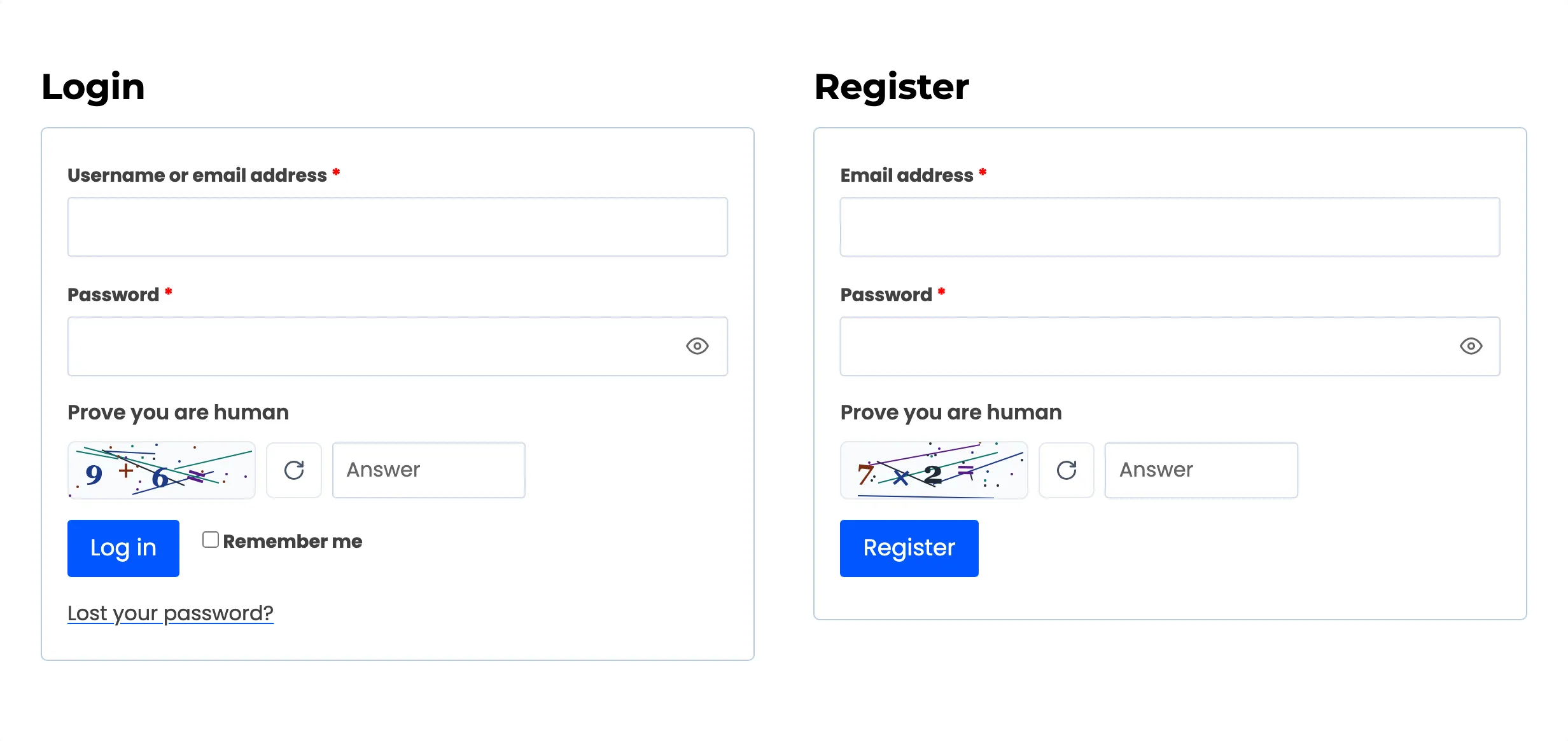 The My Account login and register forms, each with the Built-in CAPTCHA above its button