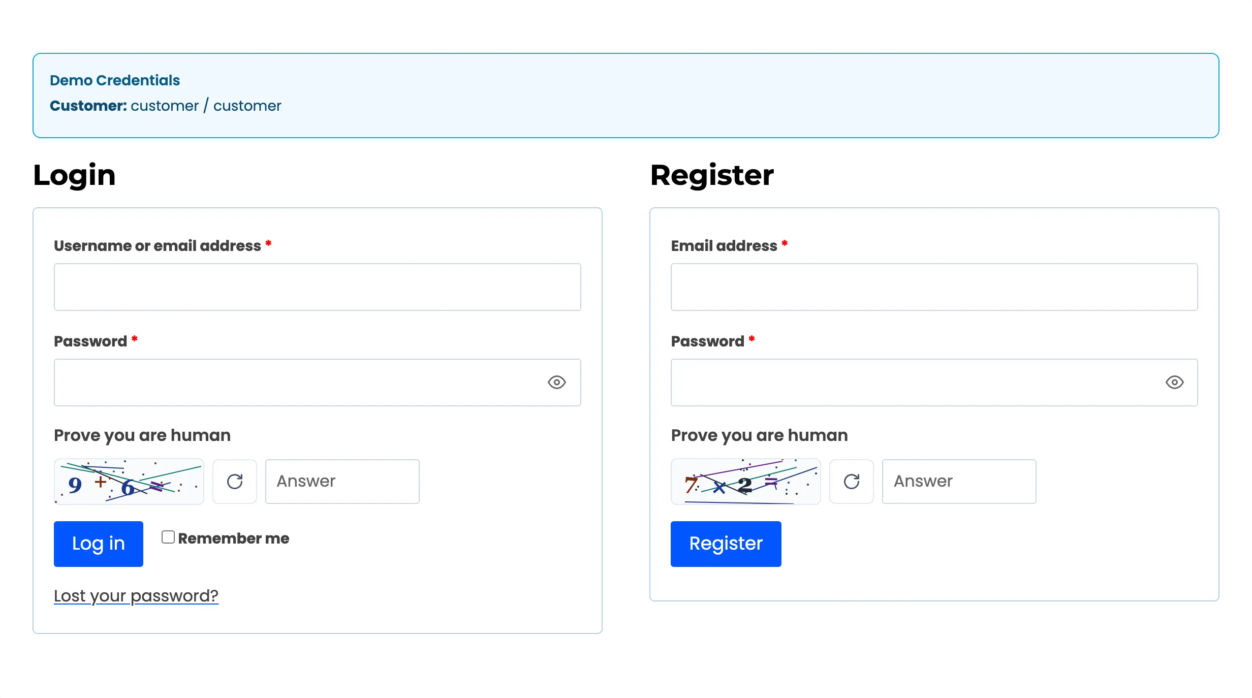 The My Account login and register forms, each with the Built-in CAPTCHA above its button