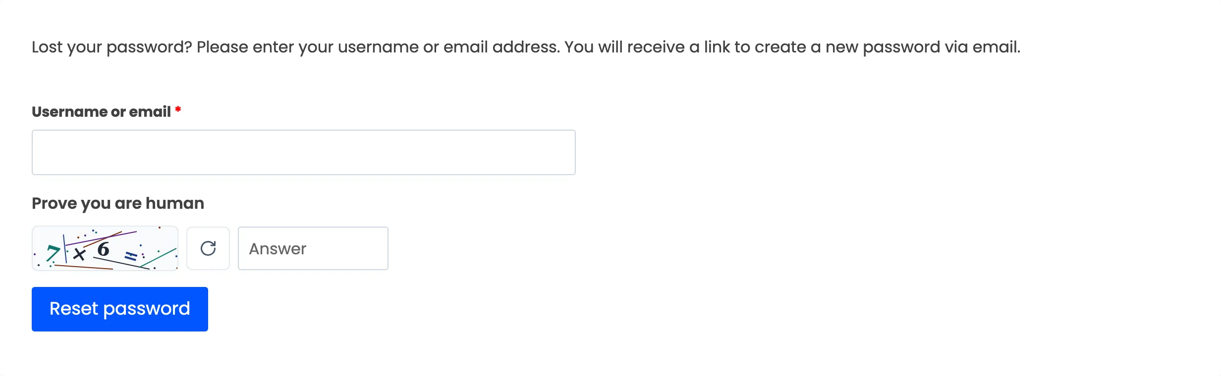The My Account lost password form with the CAPTCHA