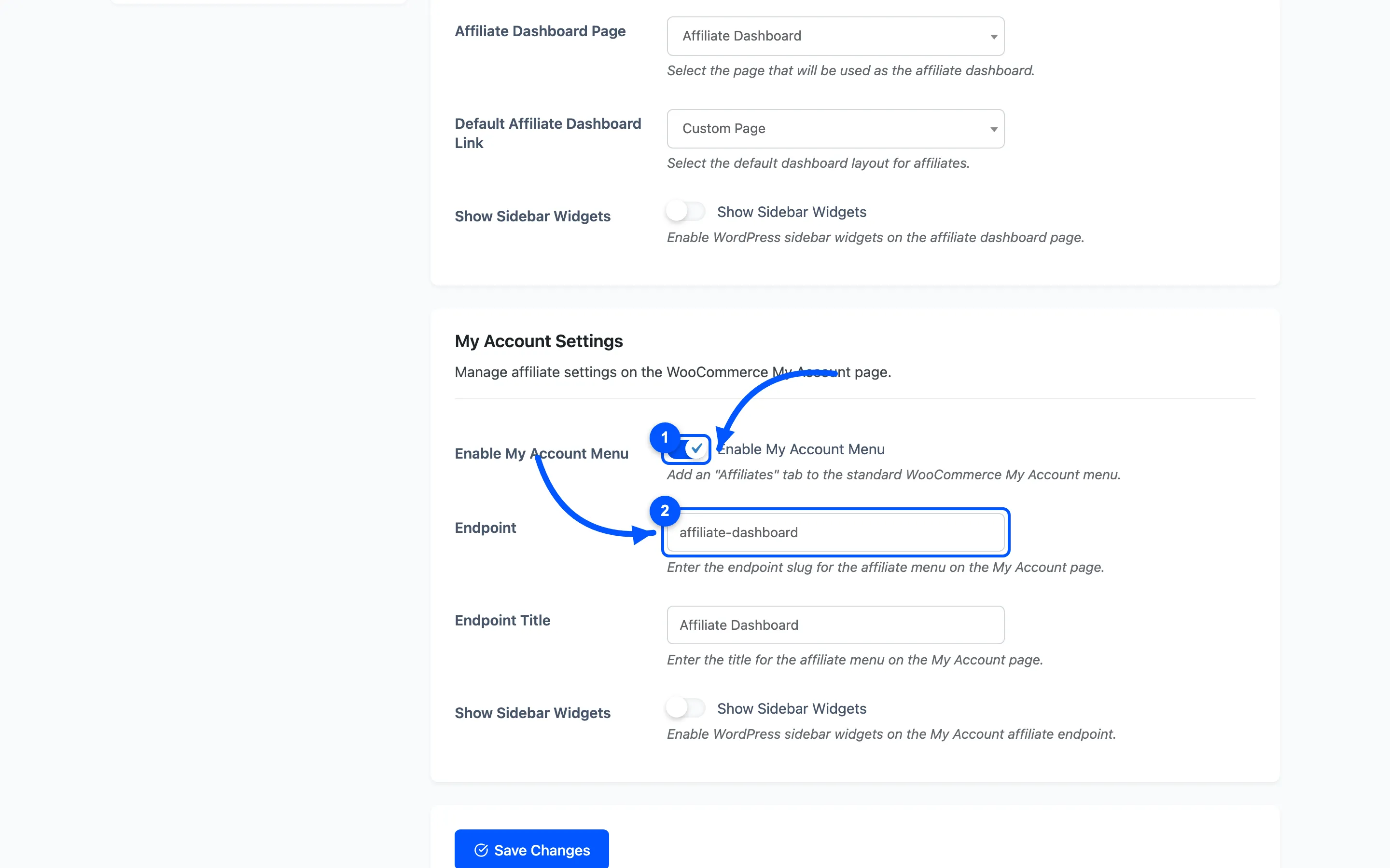 The Enable My Account Menu toggle and the Endpoint field on the General settings tab