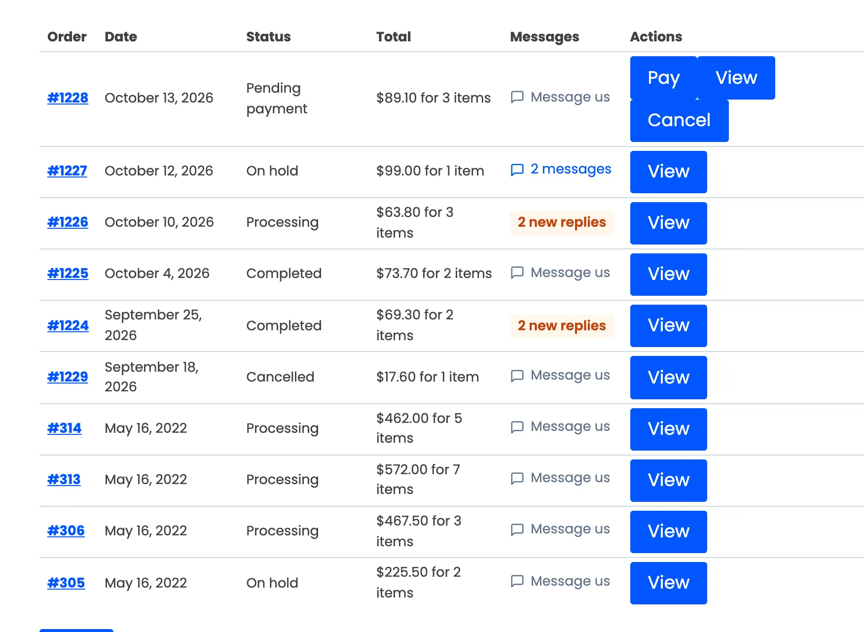 The My Account orders list with a Messages column