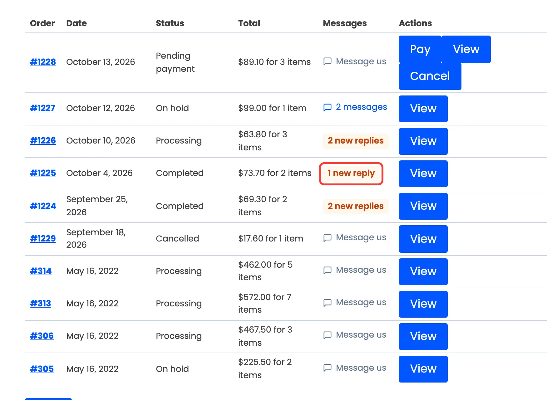 The My Account orders list showing 1 new reply