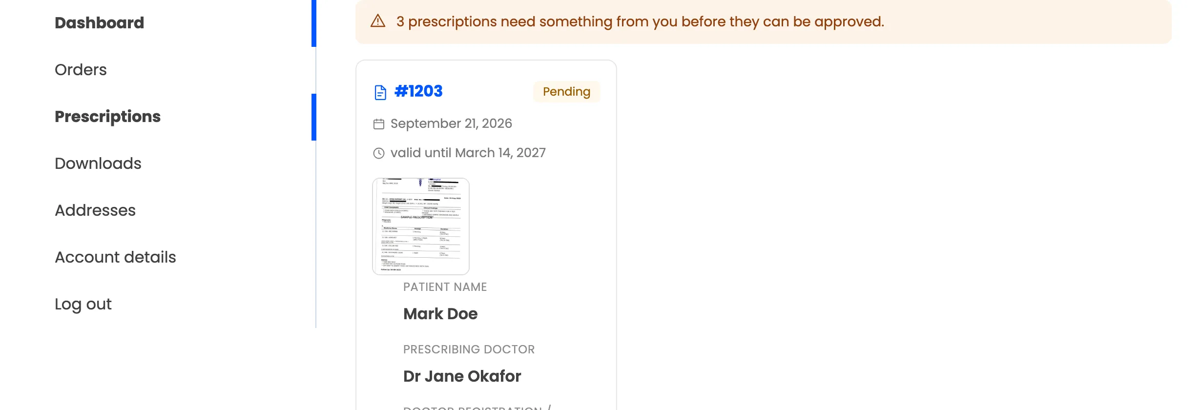 The My Account menu with the Prescriptions tab under Orders