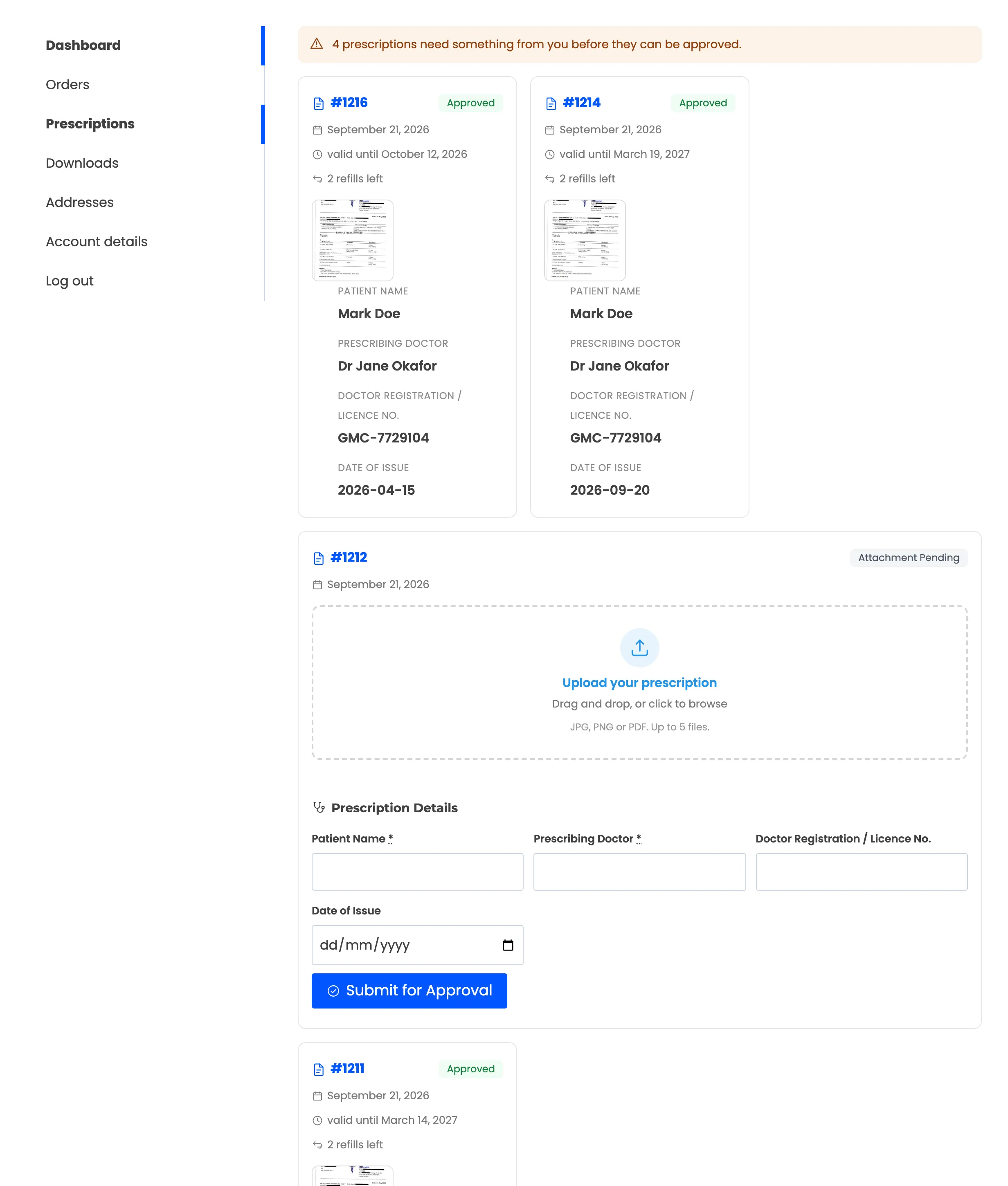 The Prescriptions tab in My Account with a warning that prescriptions need attention