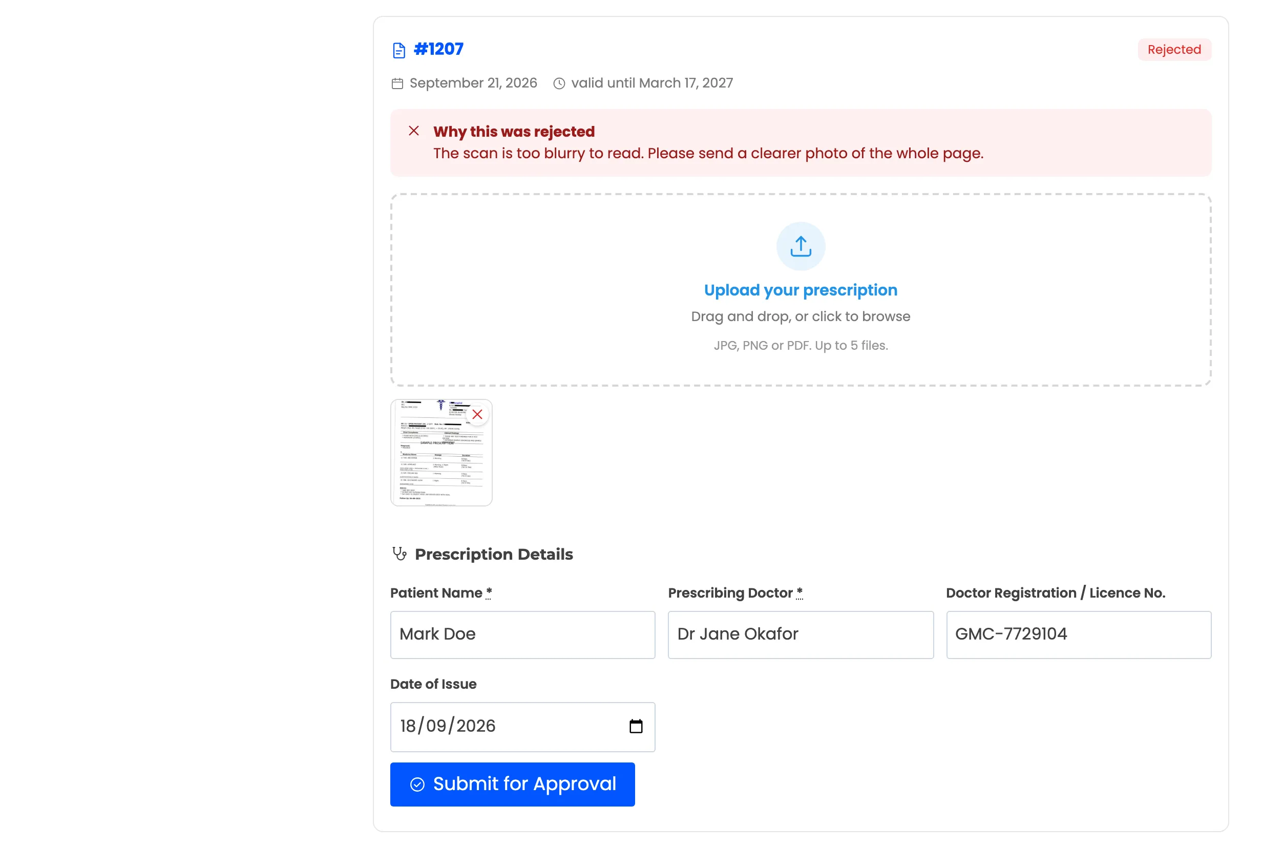 A rejected prescription card with its reason and the upload box
