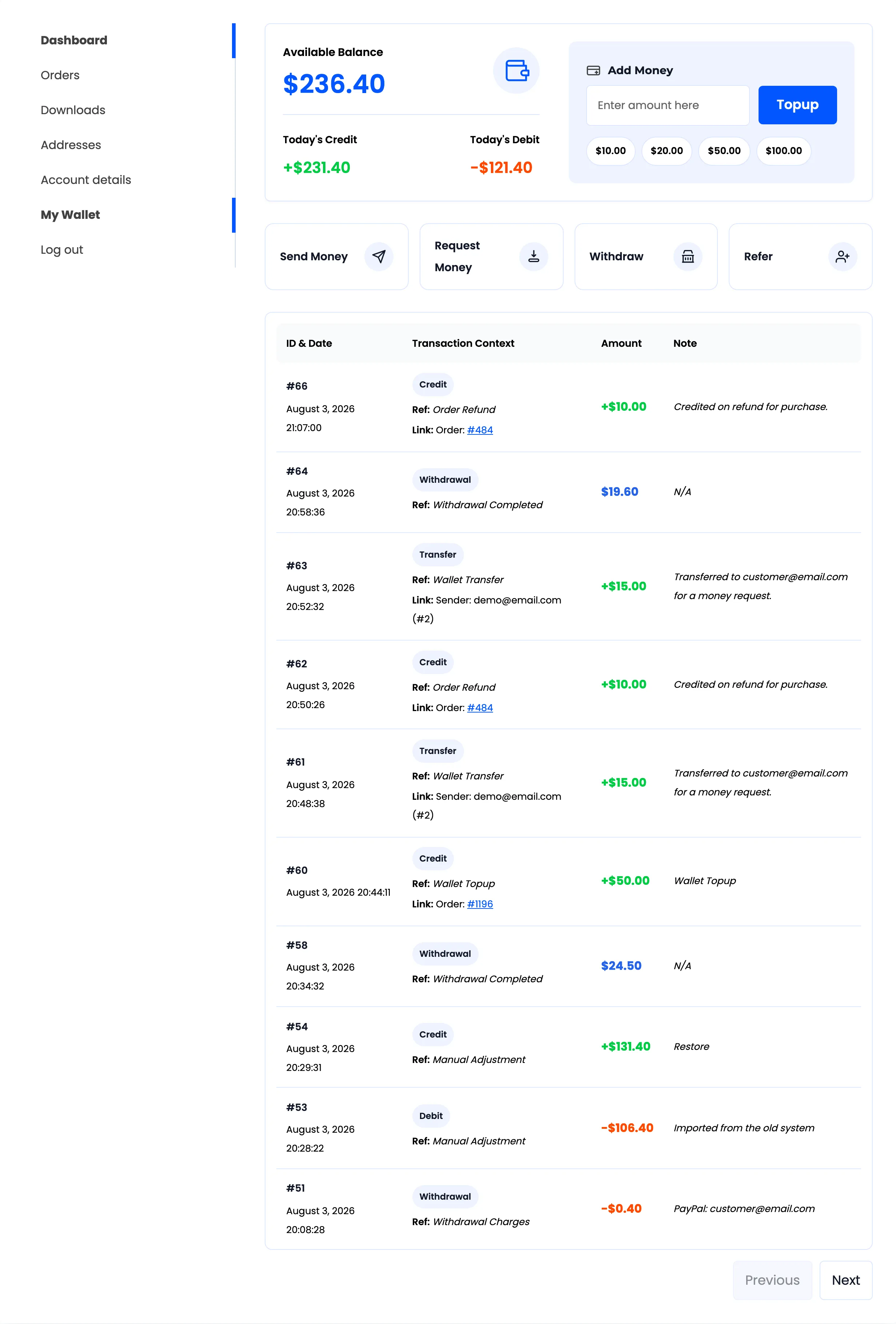The full My Wallet page, built from two of these shortcodes
