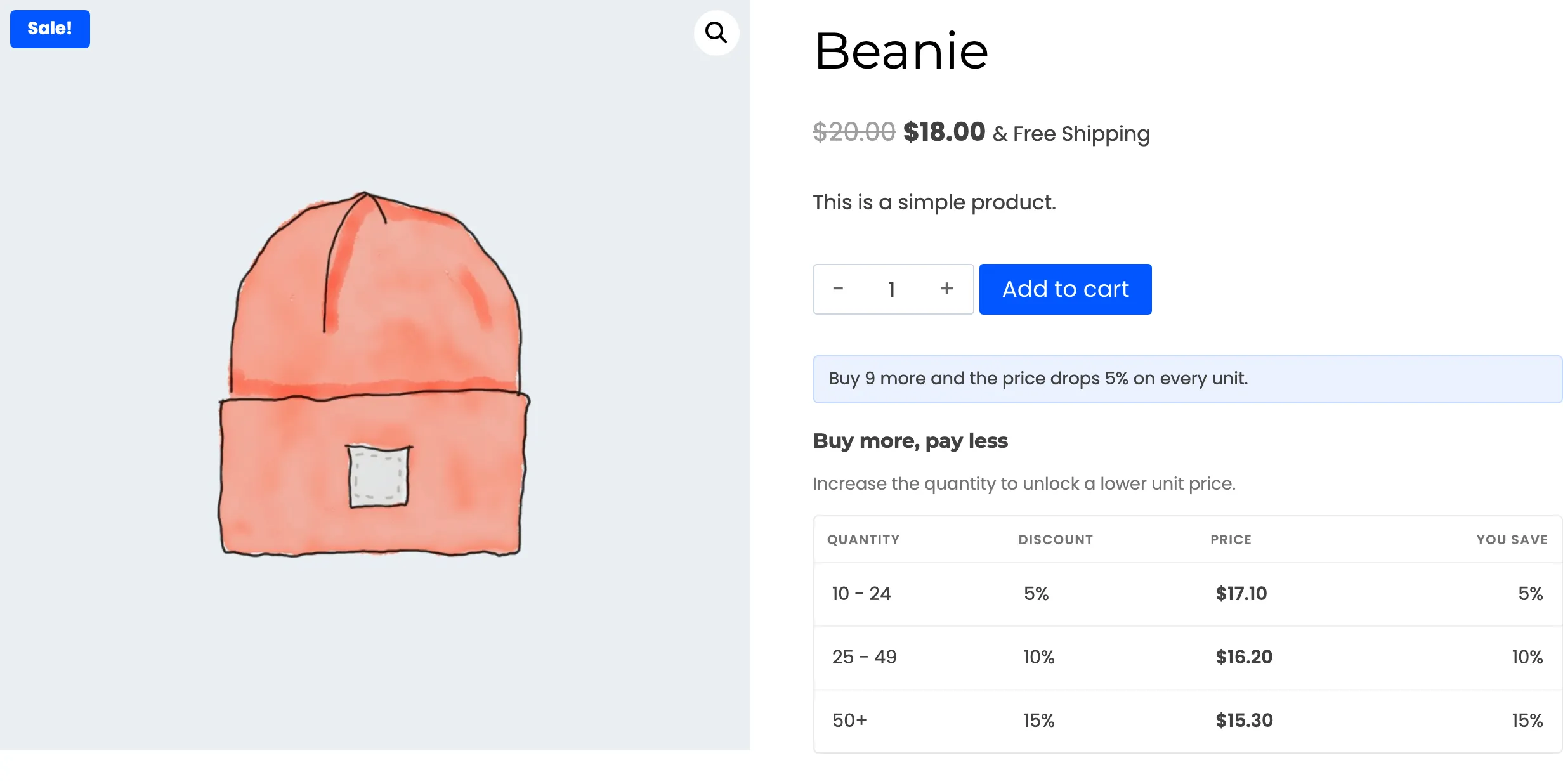 The product page with the hint reading Buy 9 more and the price drops 5% on every unit