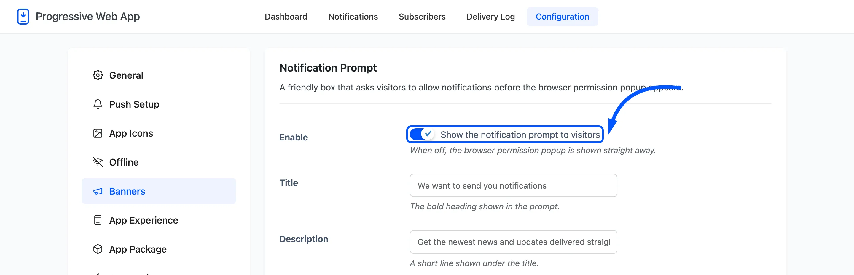 The notification prompt Enable switch