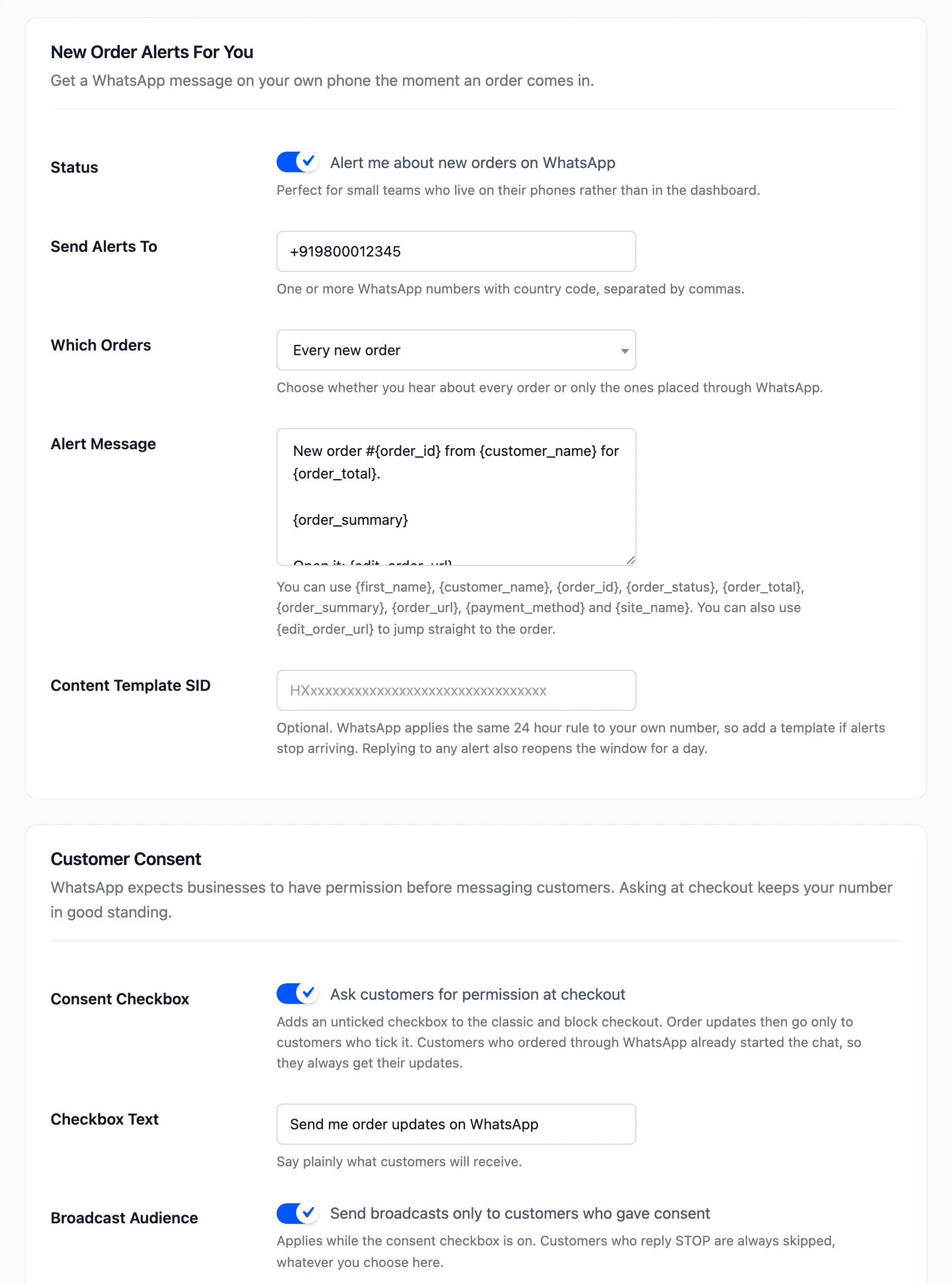 The Customer Consent and alert sections of the Notifications tab