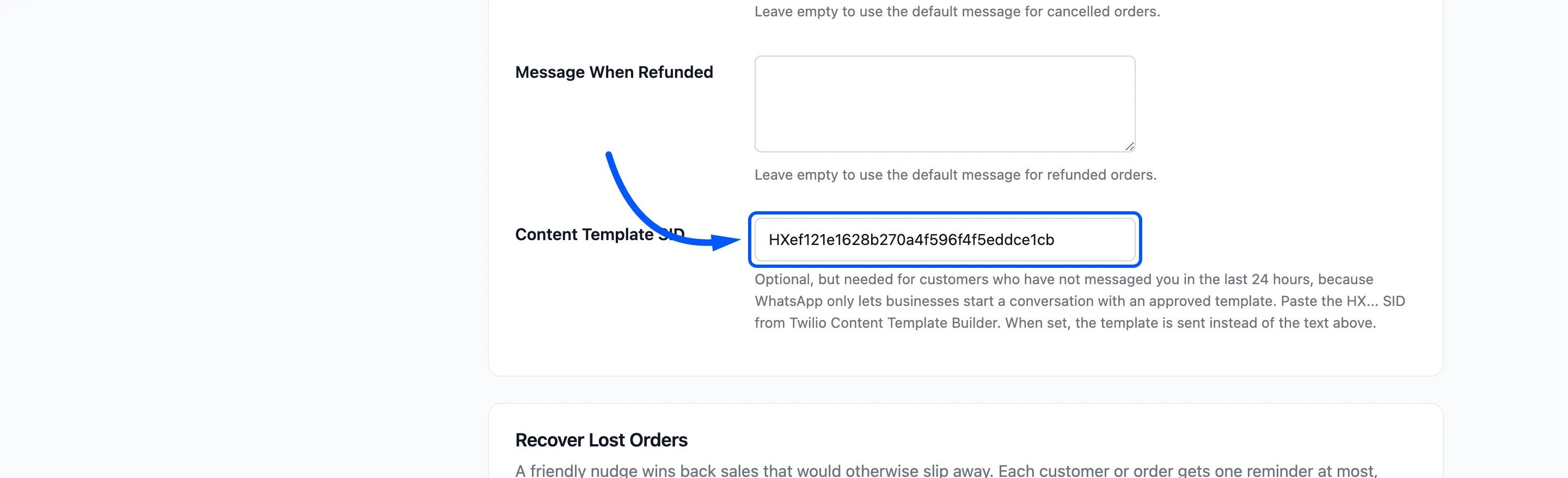 The Content Template SID field boxed under Order Status Updates