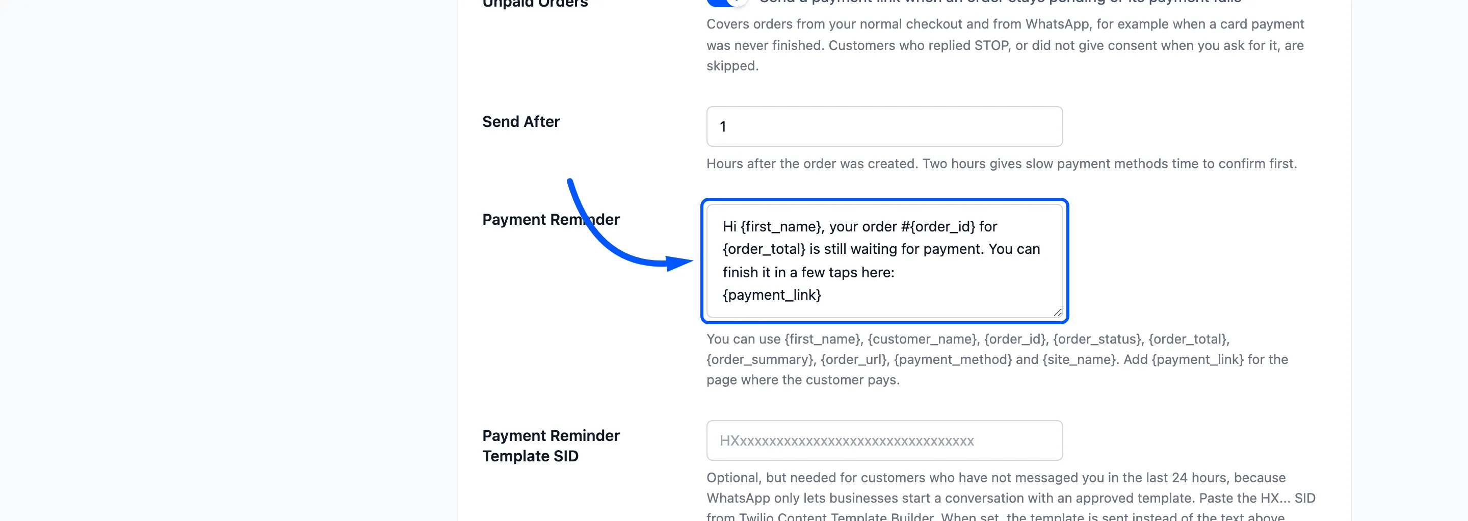 The Payment Reminder field boxed in Recover Lost Orders