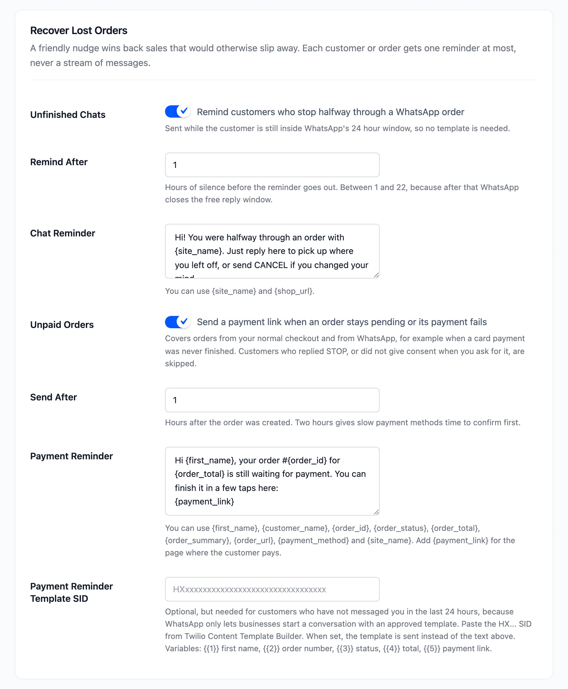 The Recover Lost Orders section of the Notifications tab