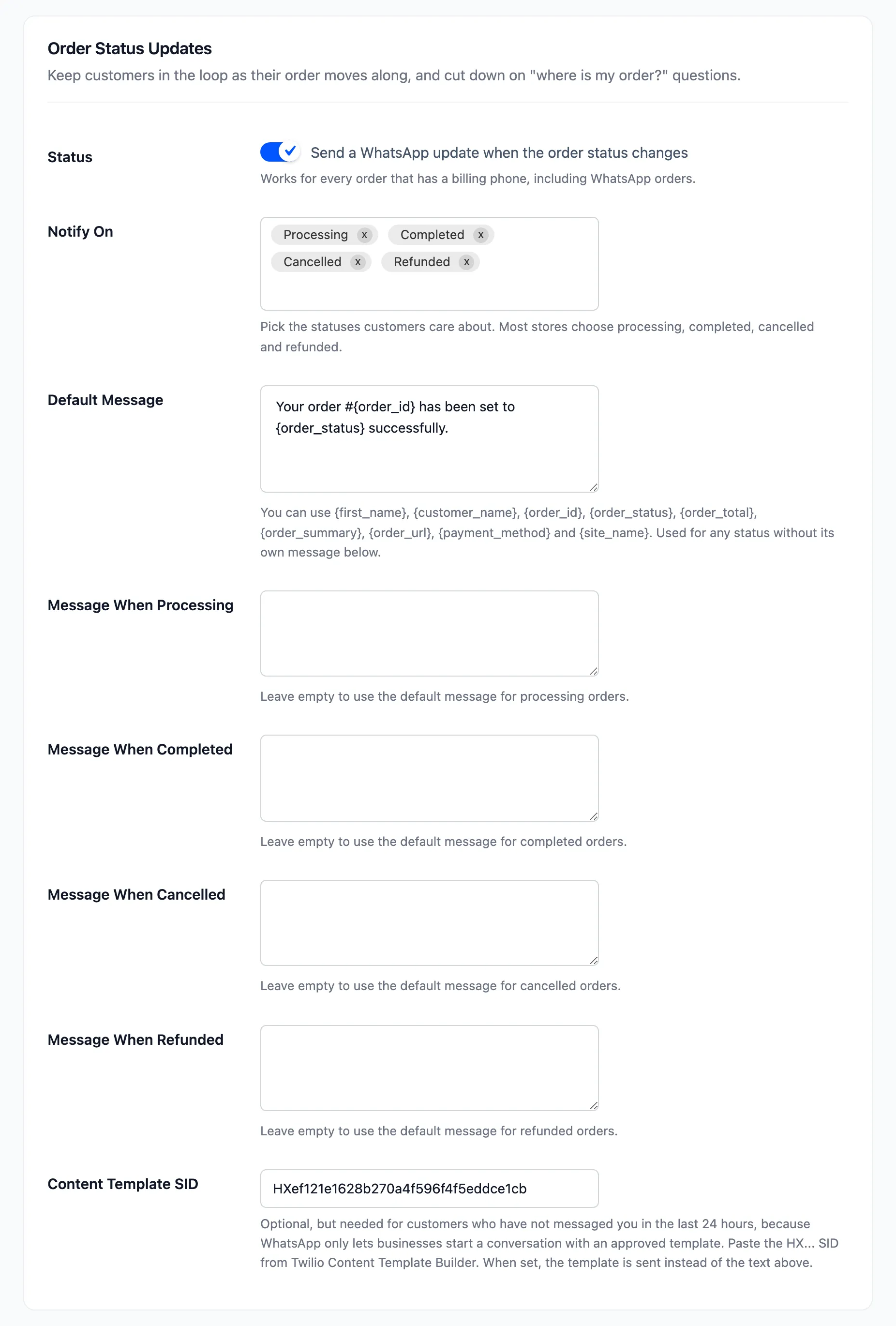 The Order Status Updates section of the Notifications tab