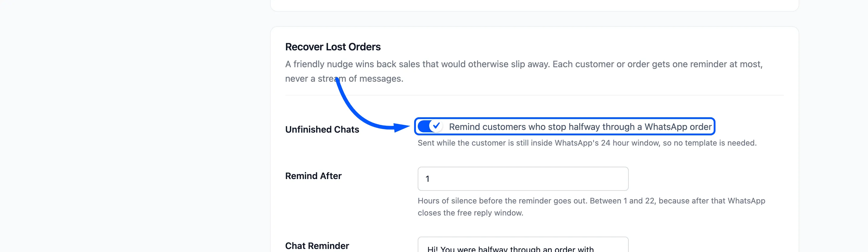 The Unfinished Chats checkbox boxed in Recover Lost Orders