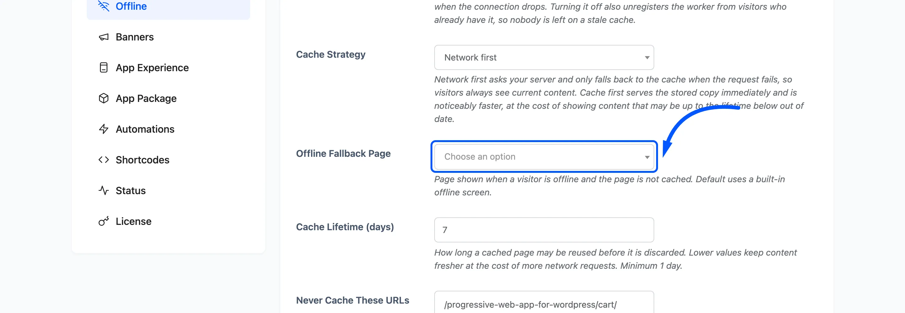 The Offline Fallback Page field