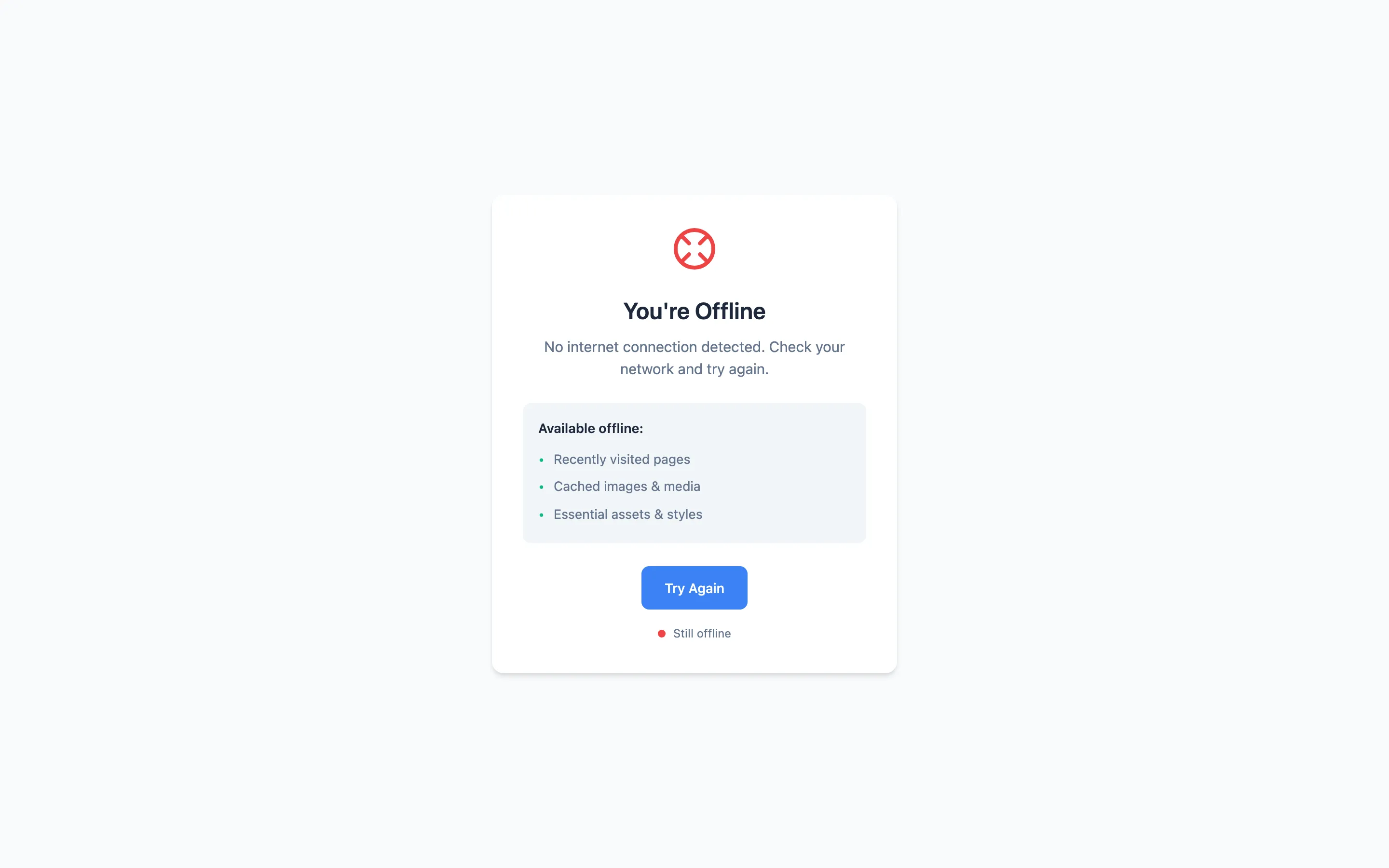 The default offline screen, with a Try Again button and a live connection indicator