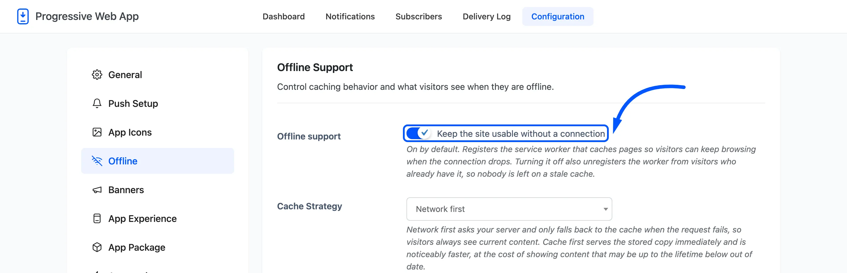 The Offline support switch