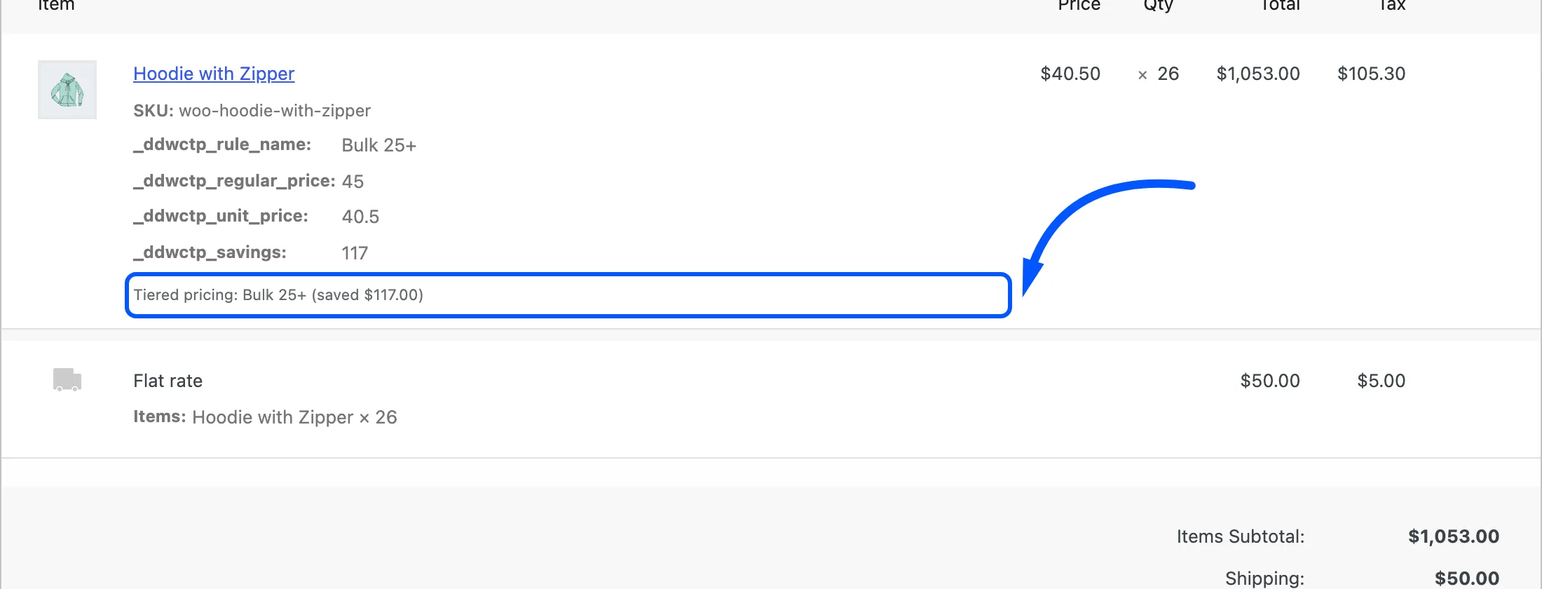 An order’s item line with the note Tiered pricing: Bulk 25+ (saved $117.00)