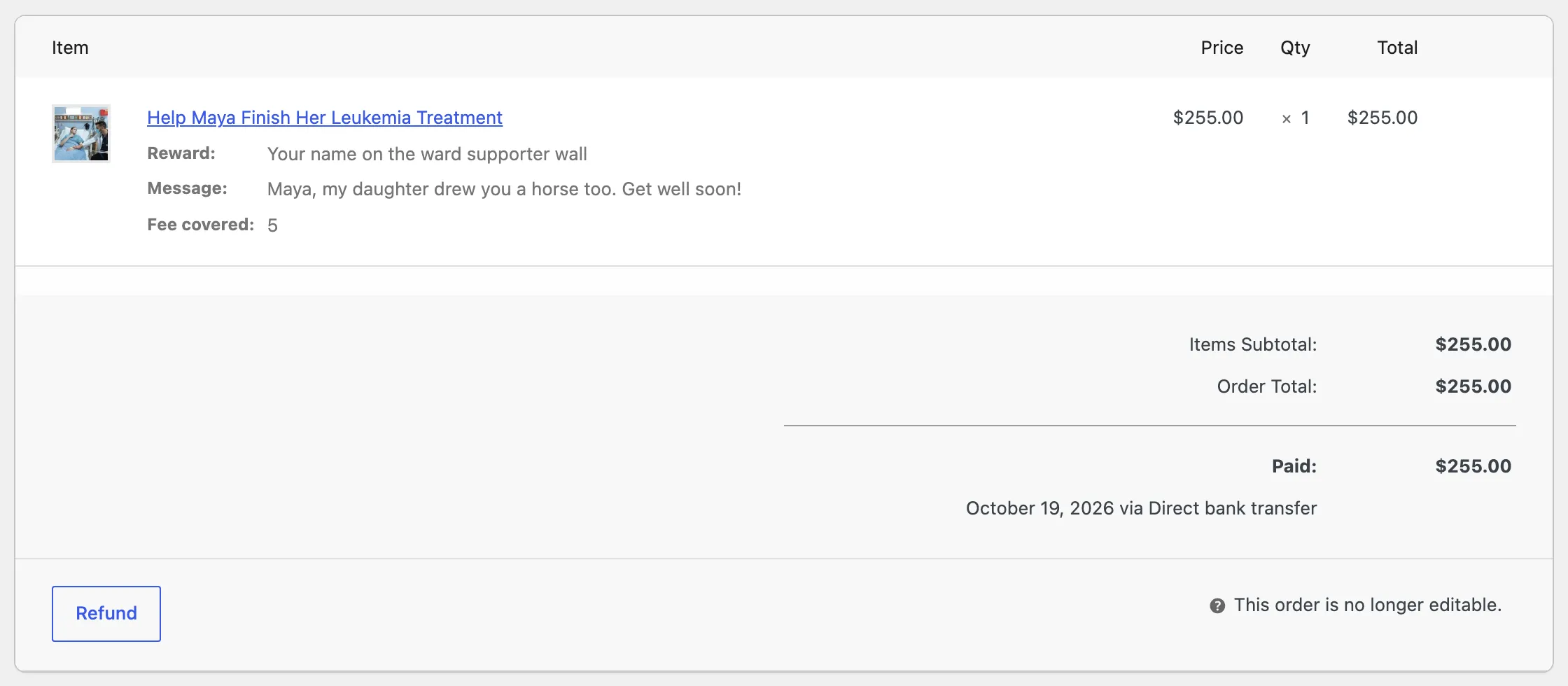 The order’s line item with Reward, Fee covered and Message