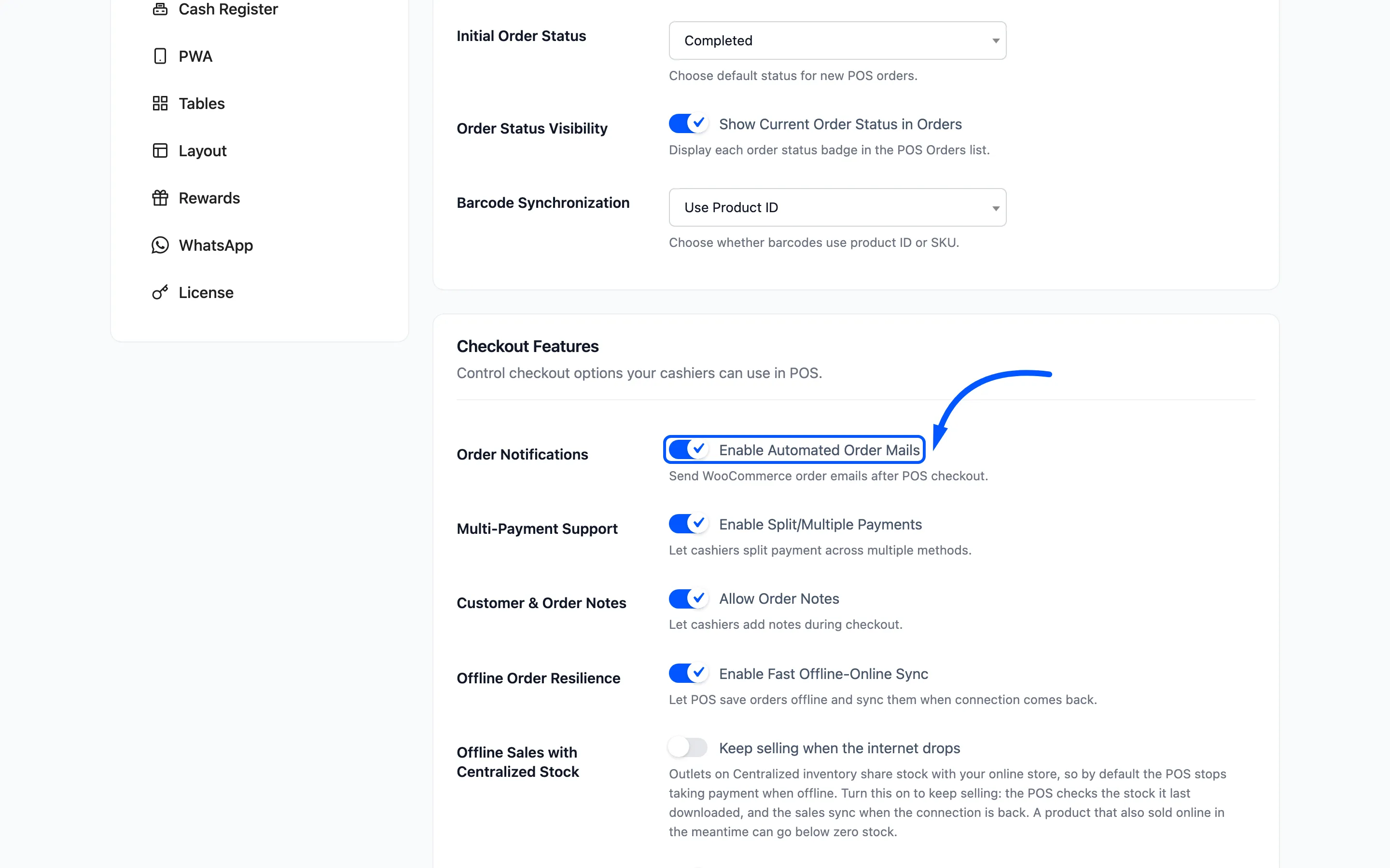 The Enable Automated Order Mails checkbox on the General tab