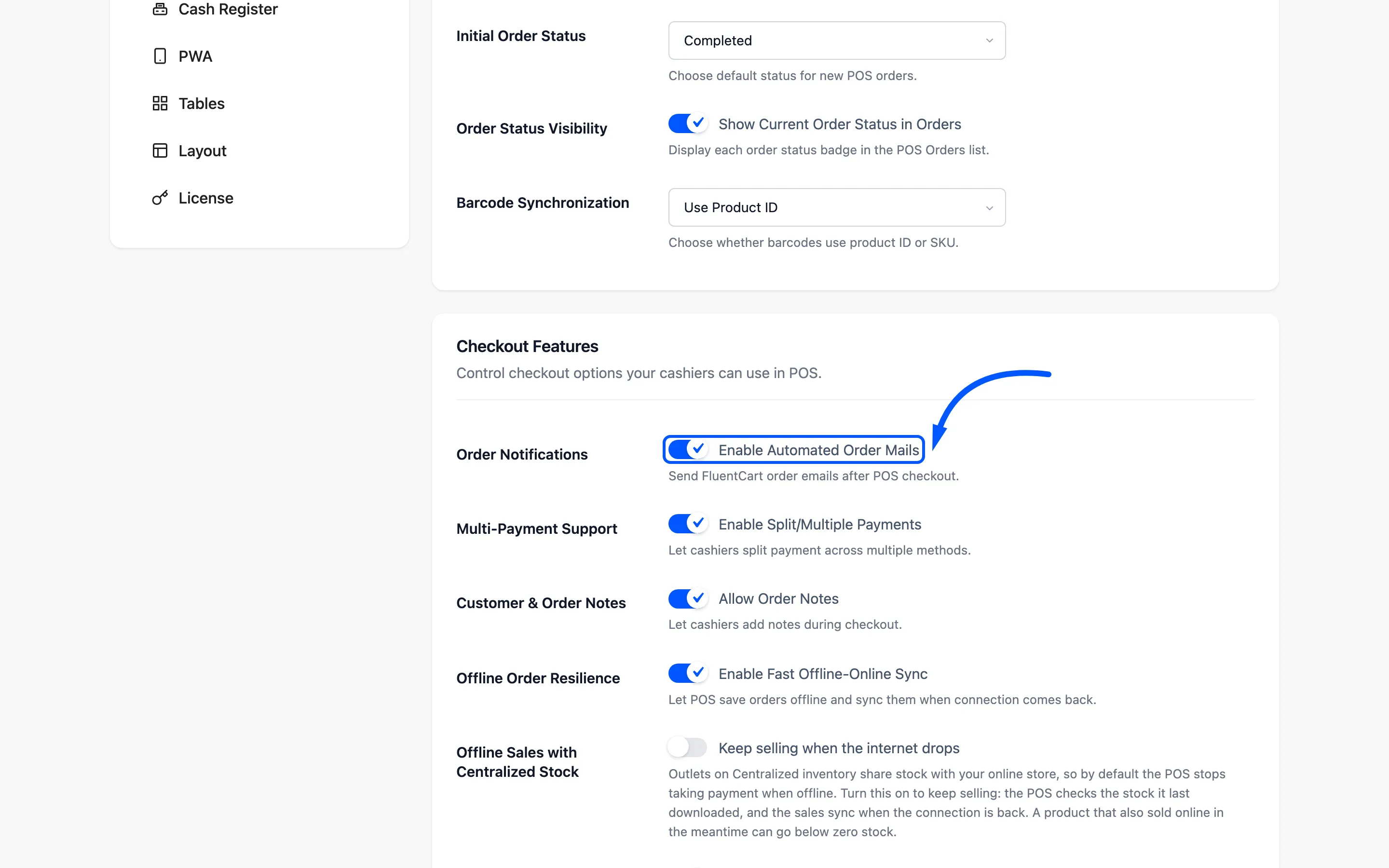 The Enable Automated Order Mails checkbox on the General tab