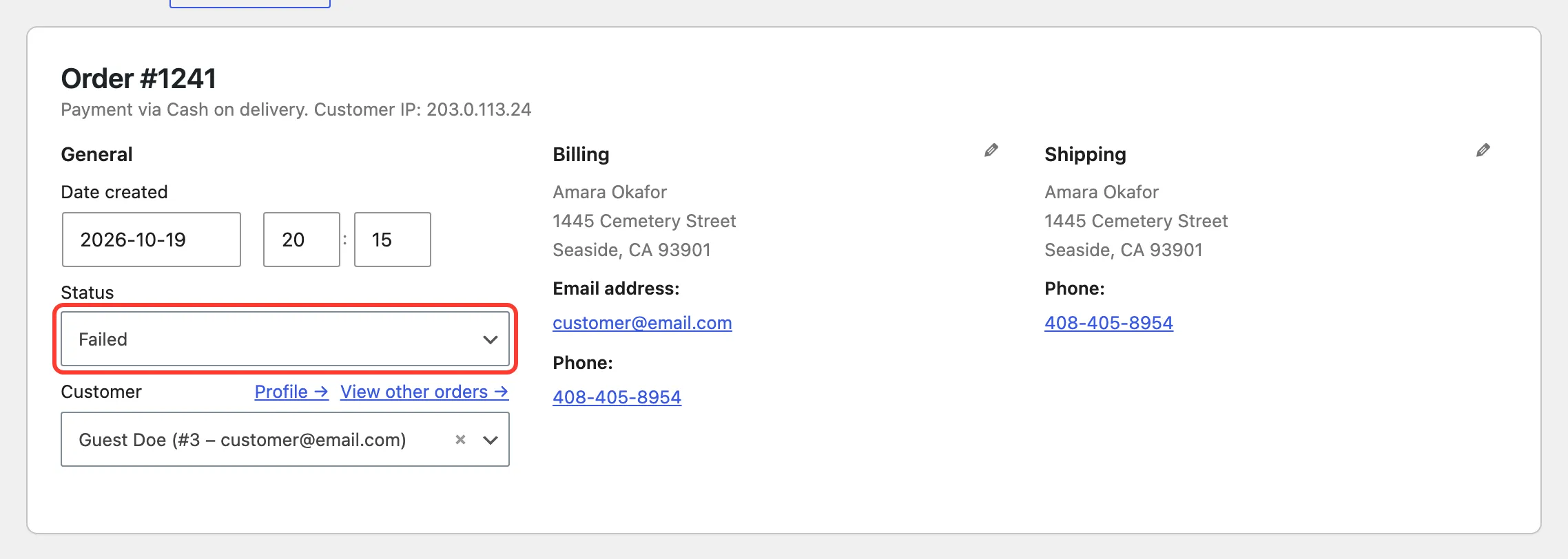 An order’s status set to Failed on the order edit screen