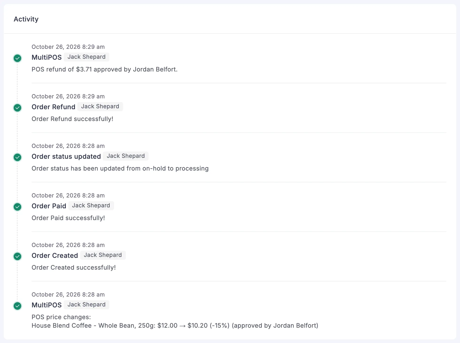 The FluentCart order activity with the POS price changes note naming Jordan Belfort as the approver