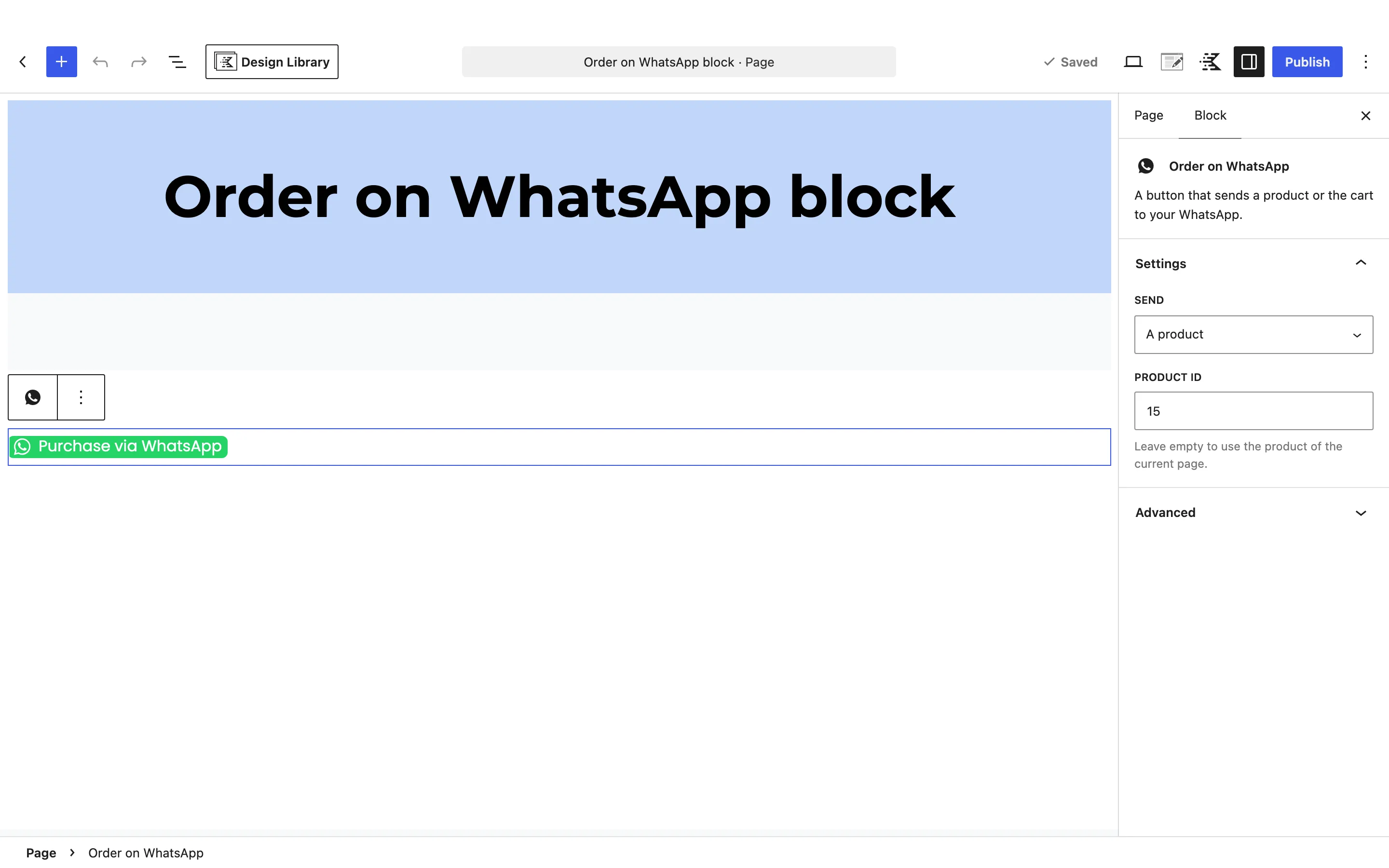 The Order on WhatsApp block in the editor with Send and Product ID in its settings