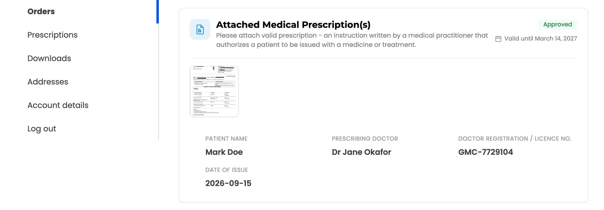 The customer’s order page with the prescription Approved and its validity date