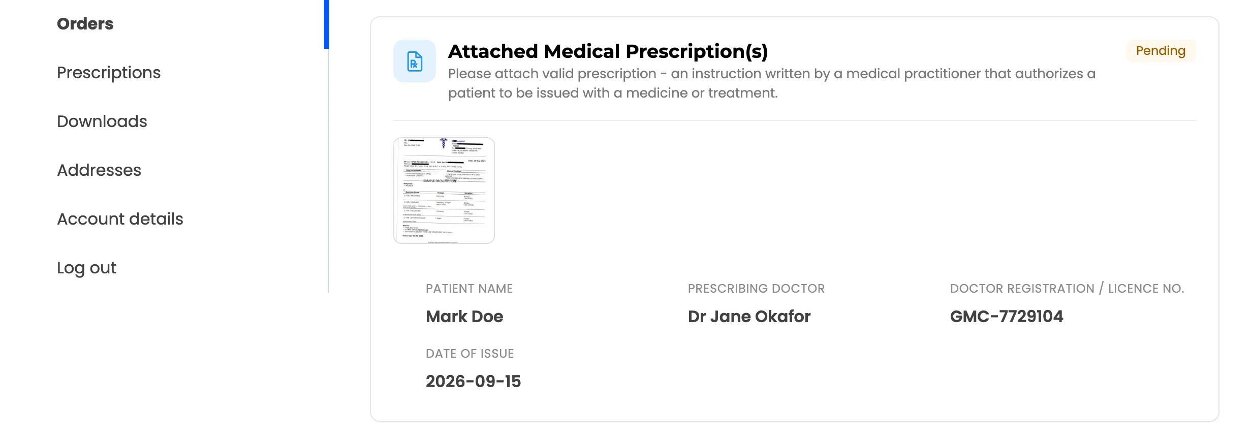 The order page after submitting, with the prescription Pending