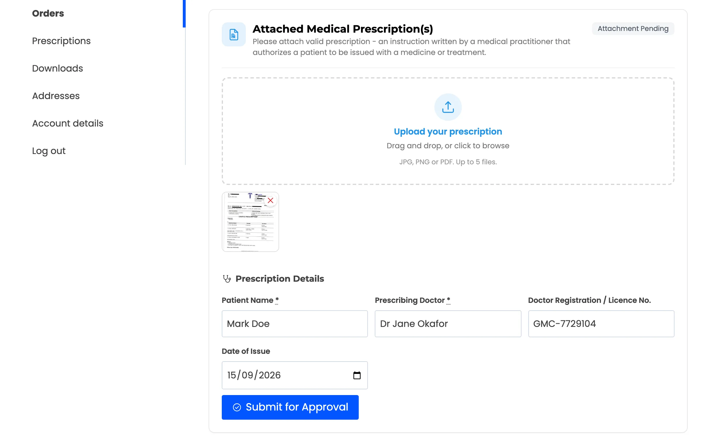 The order page with the file uploaded and the details filled in