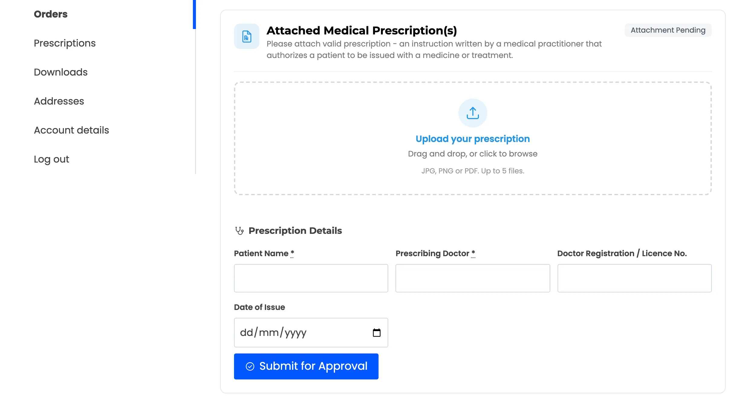 The customer’s order page with the upload box waiting