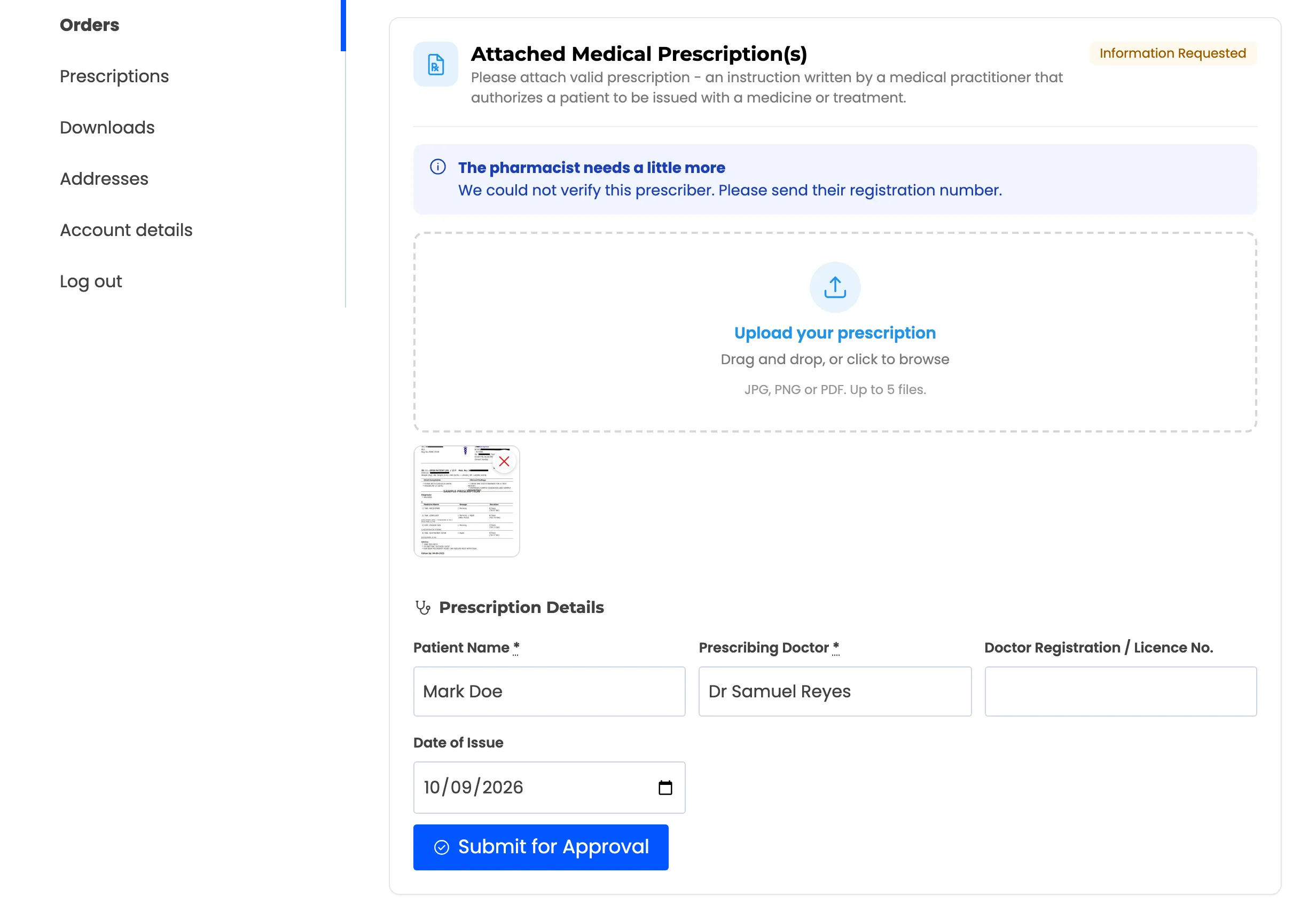 The customer’s order page with the request and the upload box