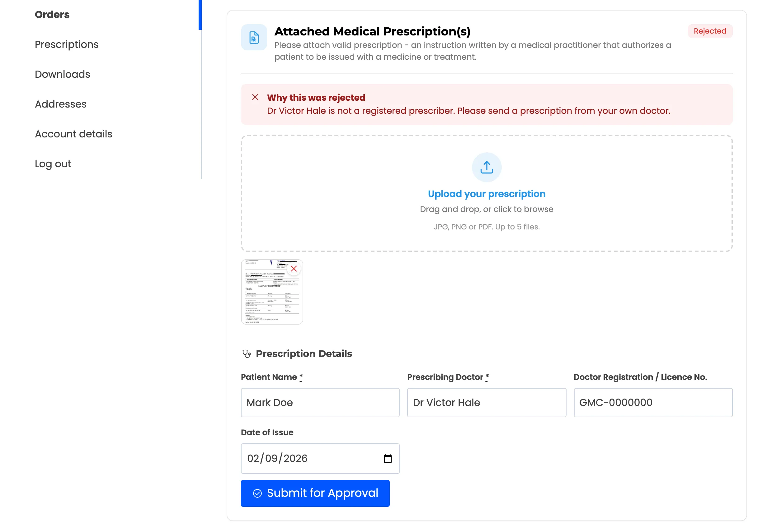 The customer’s order page with the rejection reason and the upload box