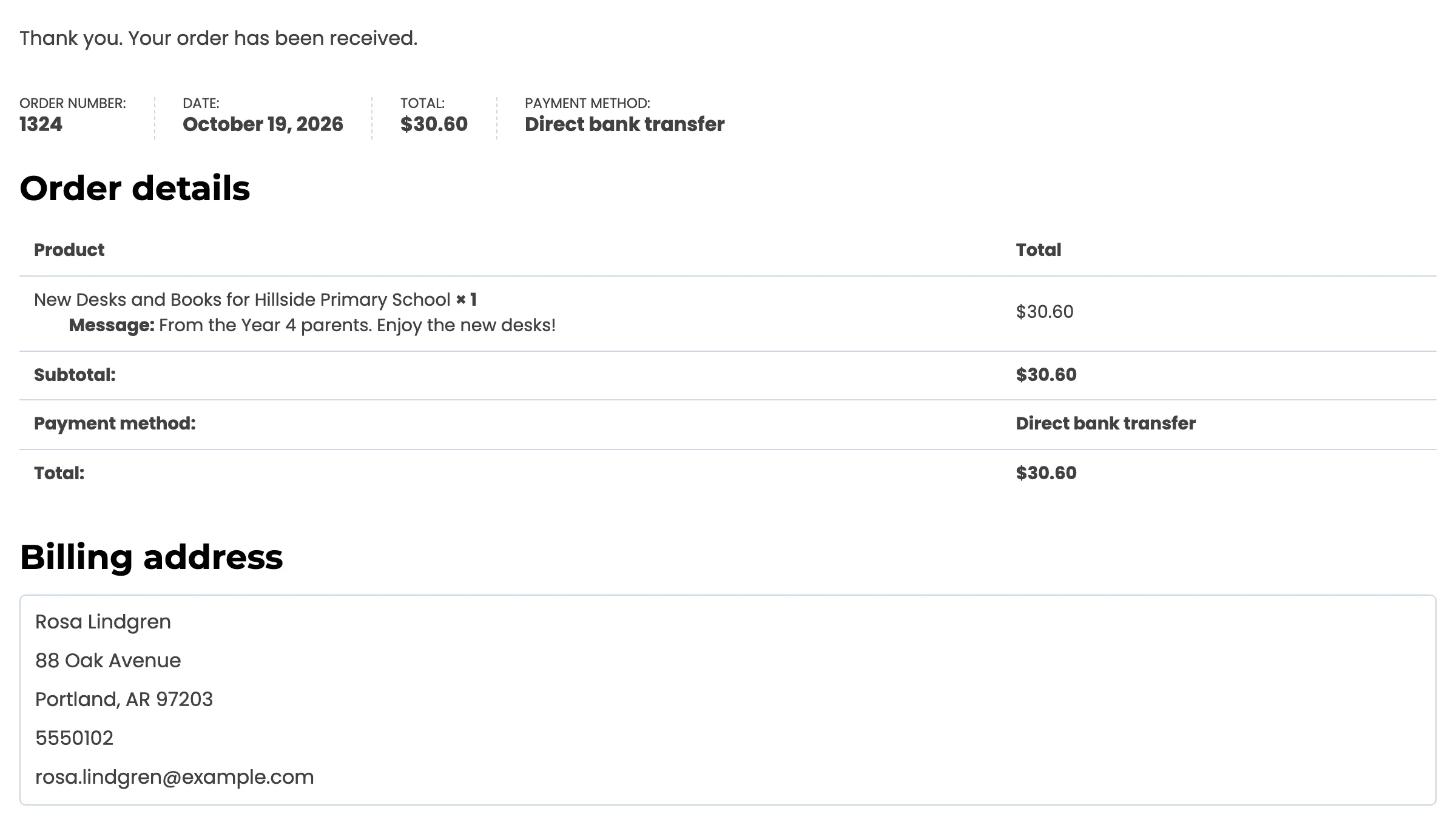 The order received page for a contribution