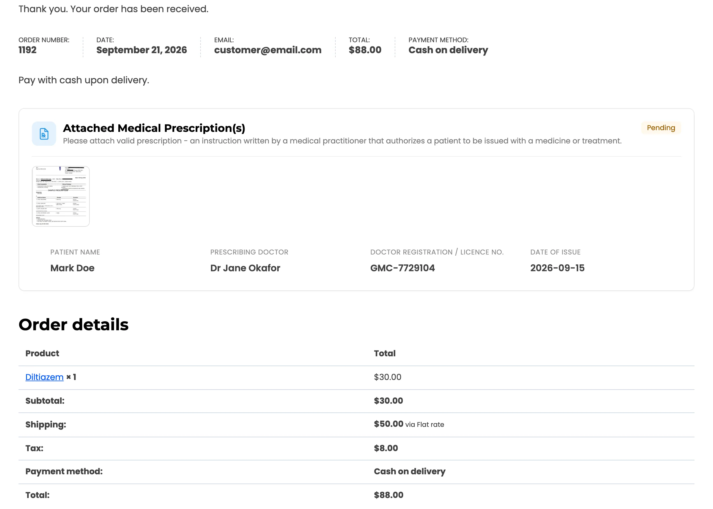 The order received page with the attached prescription marked Pending