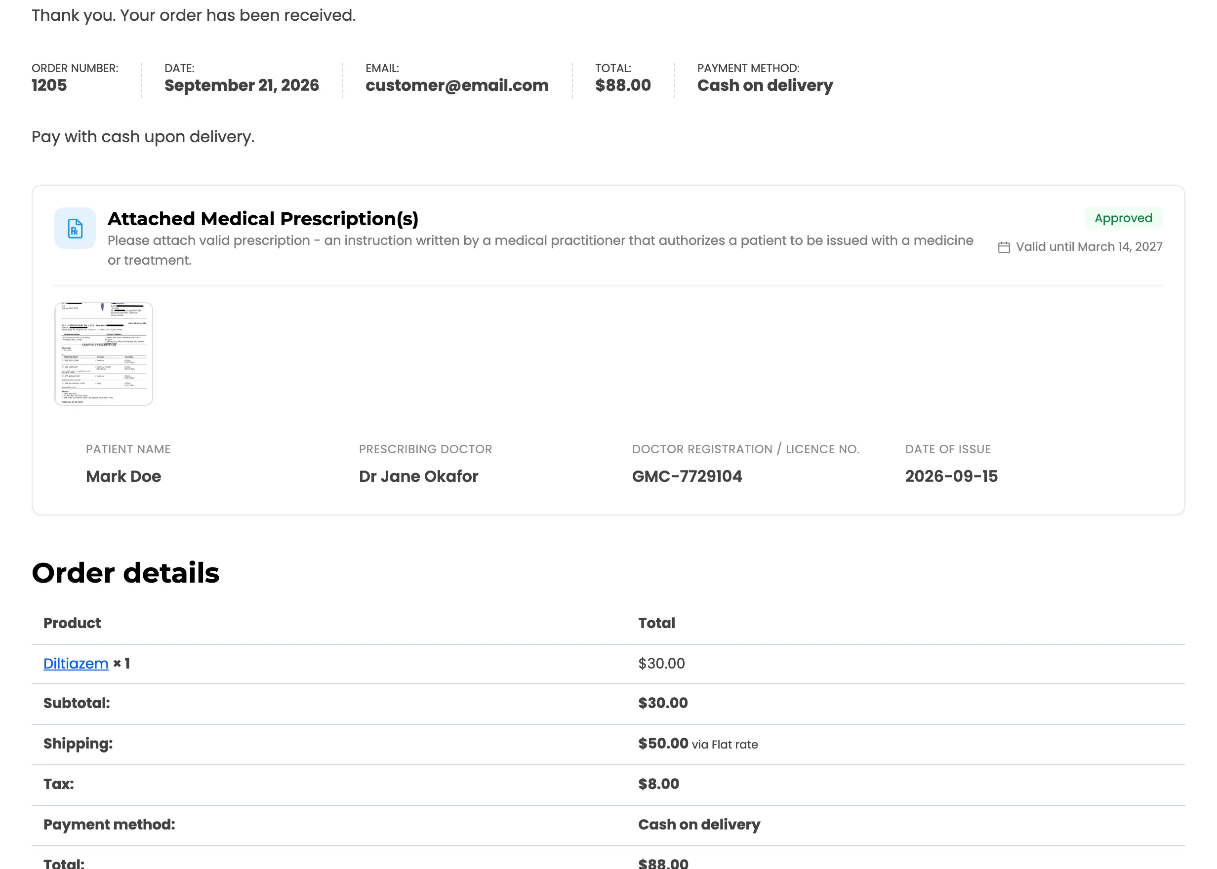 The order received page with the reused prescription already Approved