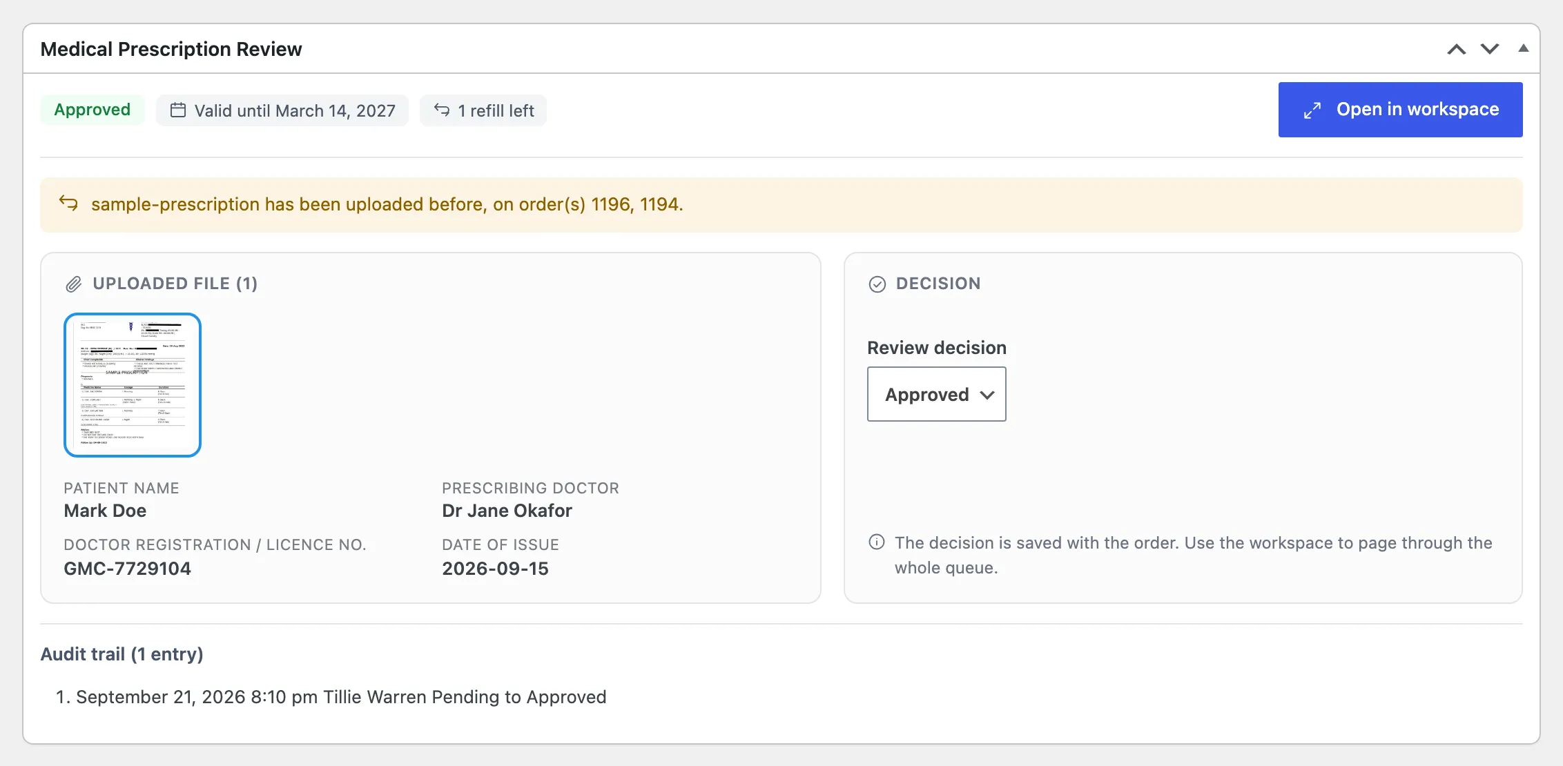 The panel on an approved order with the audit trail expanded