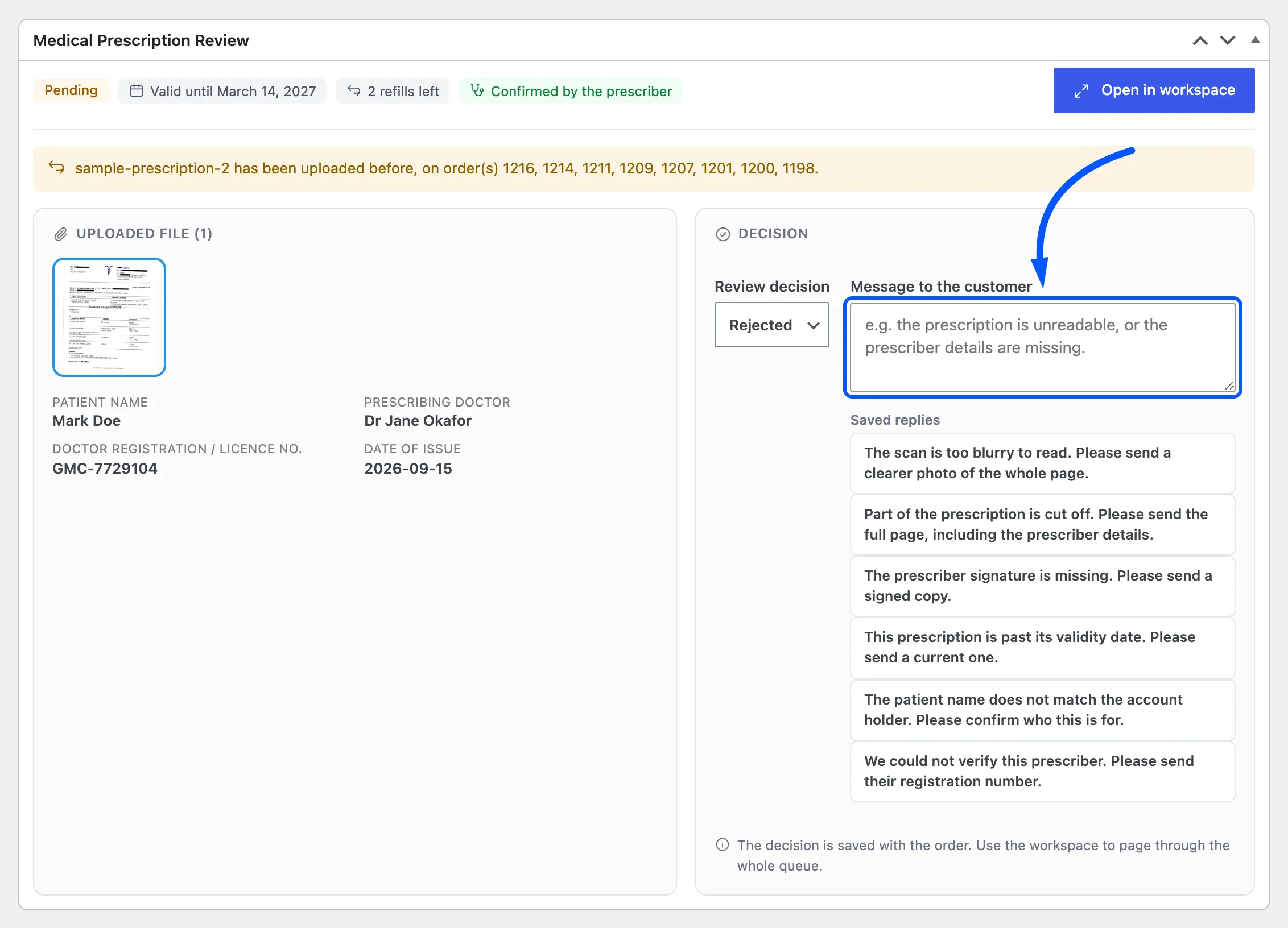 The Decision column with Rejected chosen and the message box open