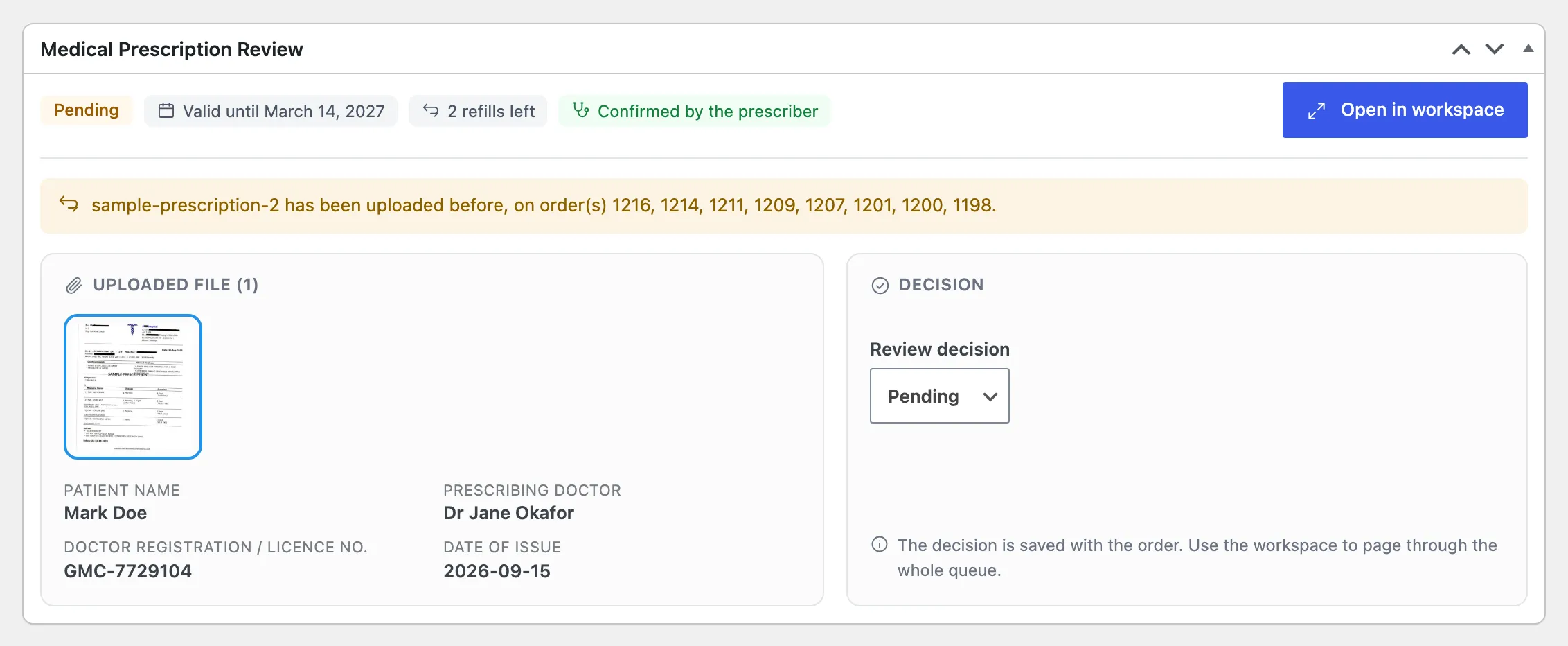 The Medical Prescription Review panel on a pending order
