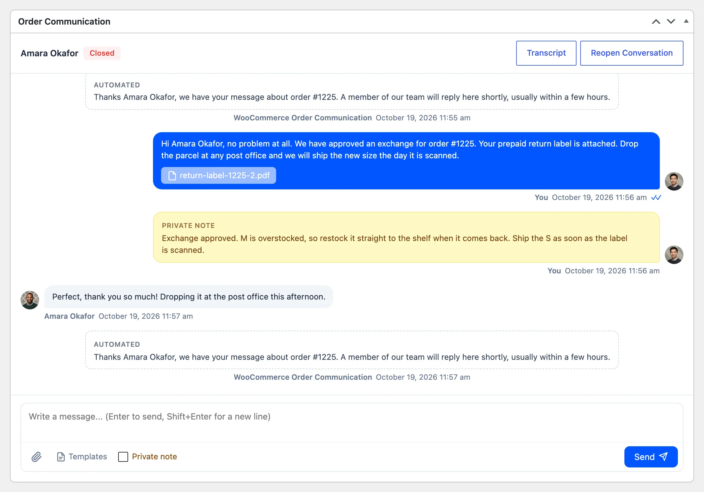 A closed conversation on the order screen with Reopen Conversation